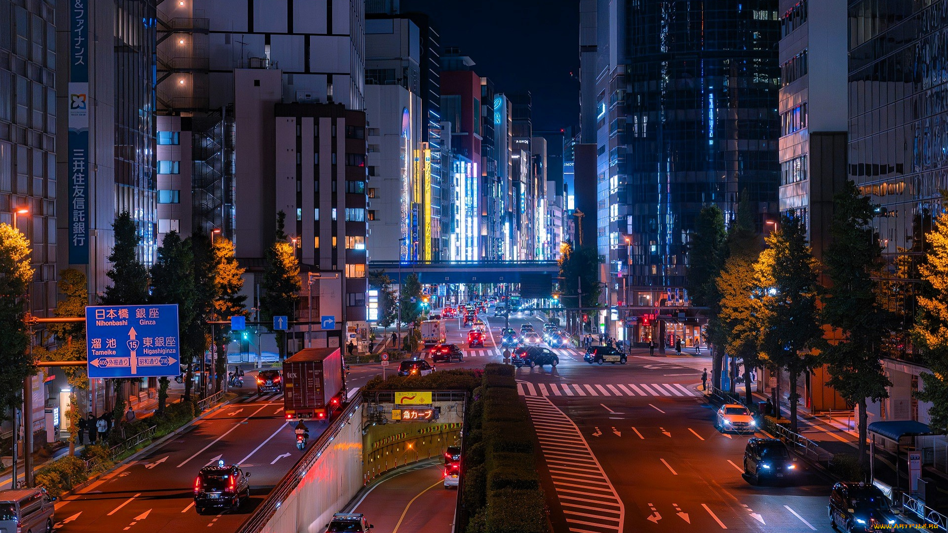 города, токио, , япония, улица, дома, огни, транспорт, дороги
