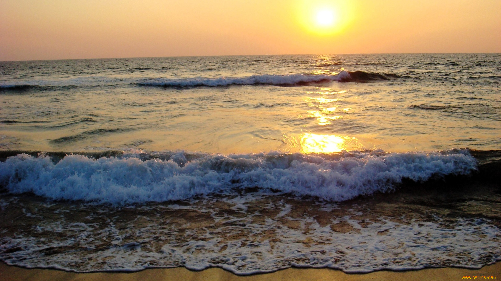 природа, моря, океаны, море, волны, берег, закат, солнце