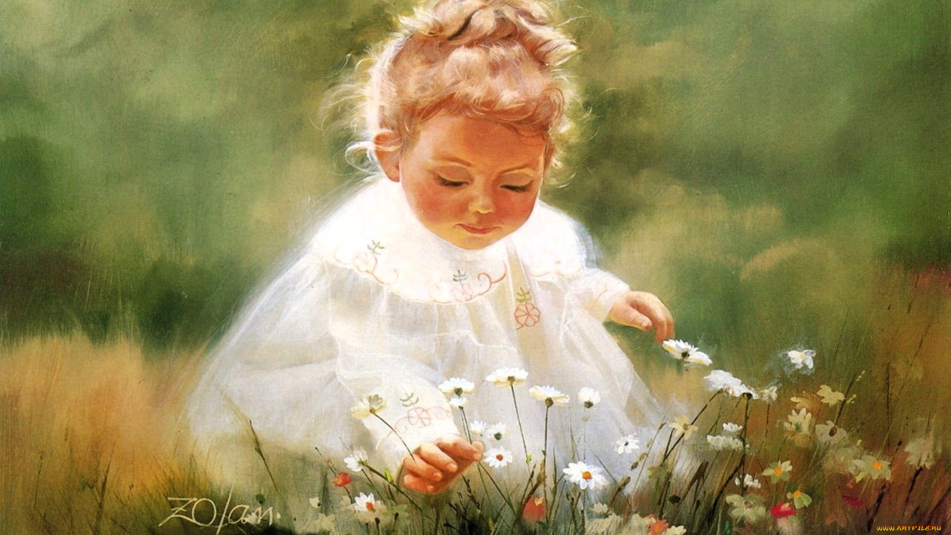 рисованное, donald, zolan, девочка, ребенок, цветы, луг