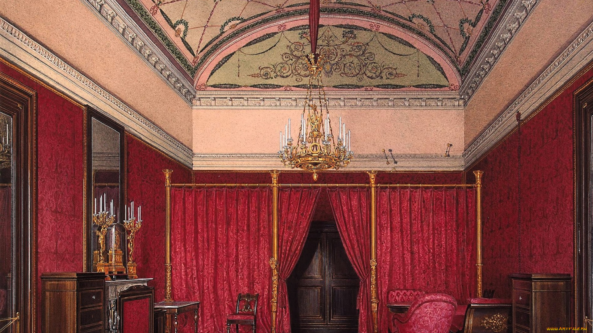 рисованное, эдуард, гау, интерьер, комната, шторы, ковер, мебель, свечи, зеркало