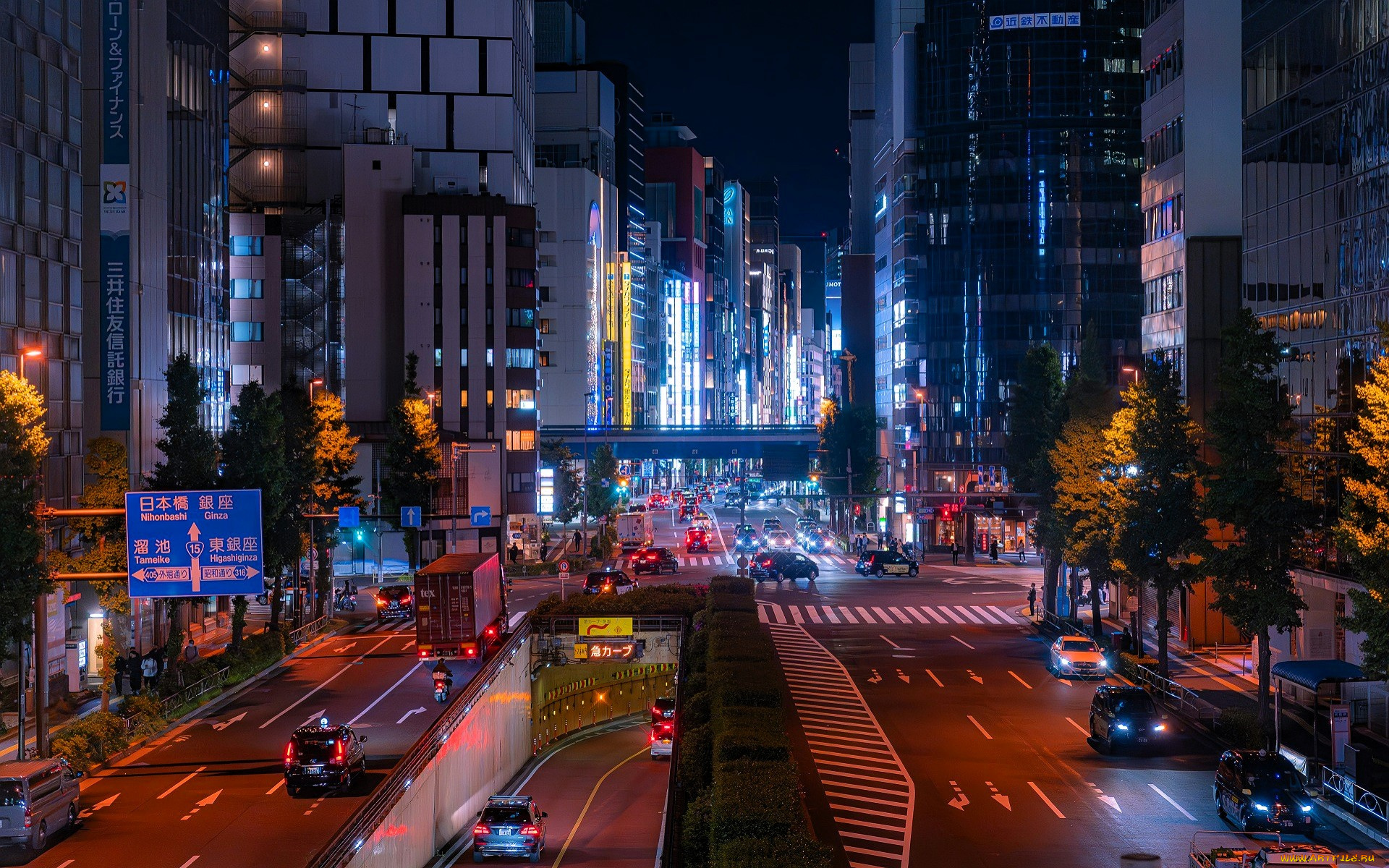 города, токио, , япония, улица, дома, огни, транспорт, дороги