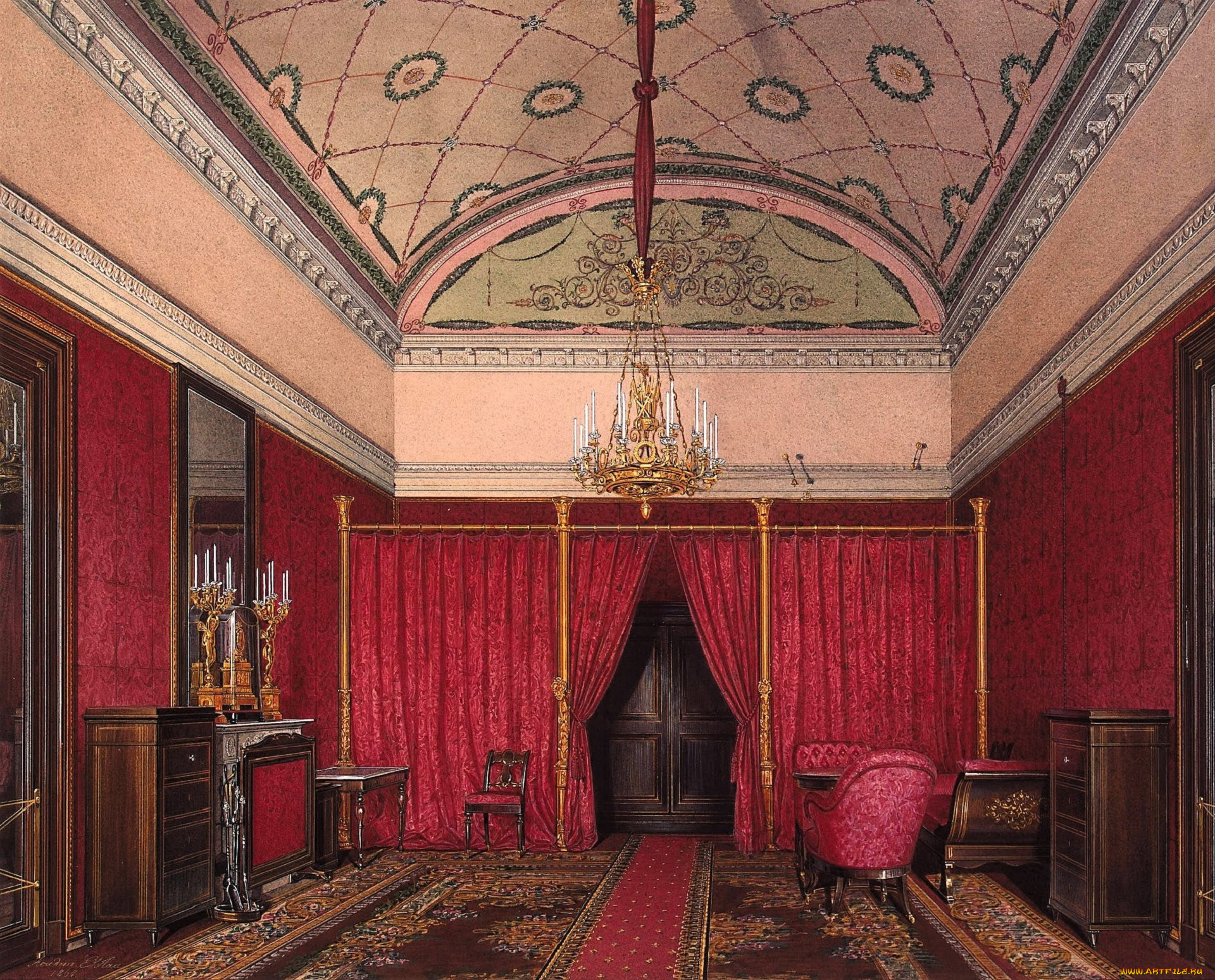 рисованное, эдуард, гау, интерьер, комната, шторы, ковер, мебель, свечи, зеркало