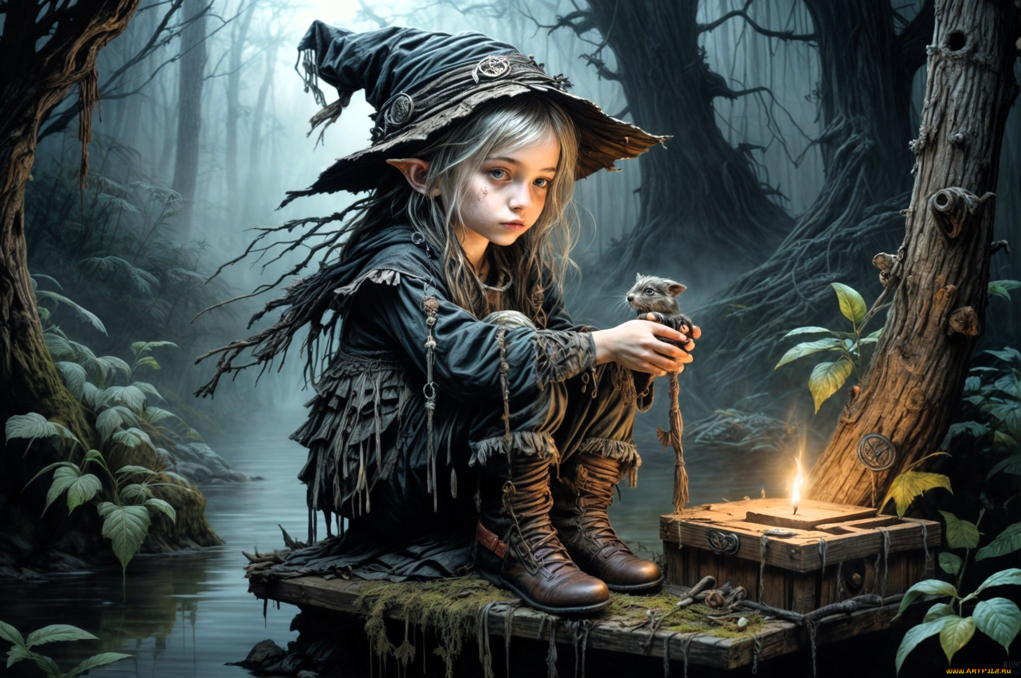 фэнтези, эльфы, эльф, ребенок, шляпа, сапоги, лохмотья, зверек, лес, ручей, свеча, ящик