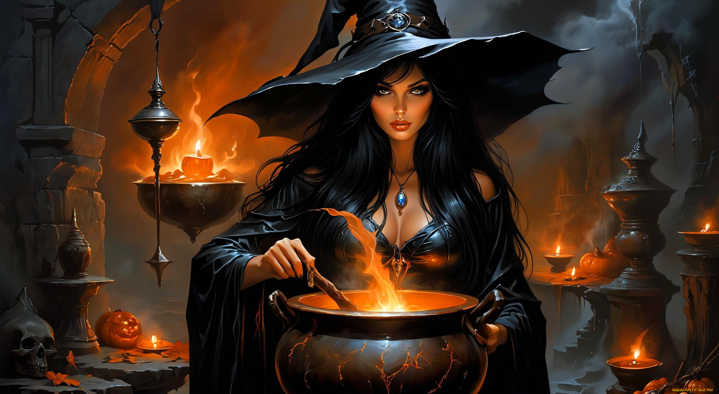 фэнтези, маги, , волшебники, девушка, ведьма, шляпа, котел, зелье, свечи, тыквы