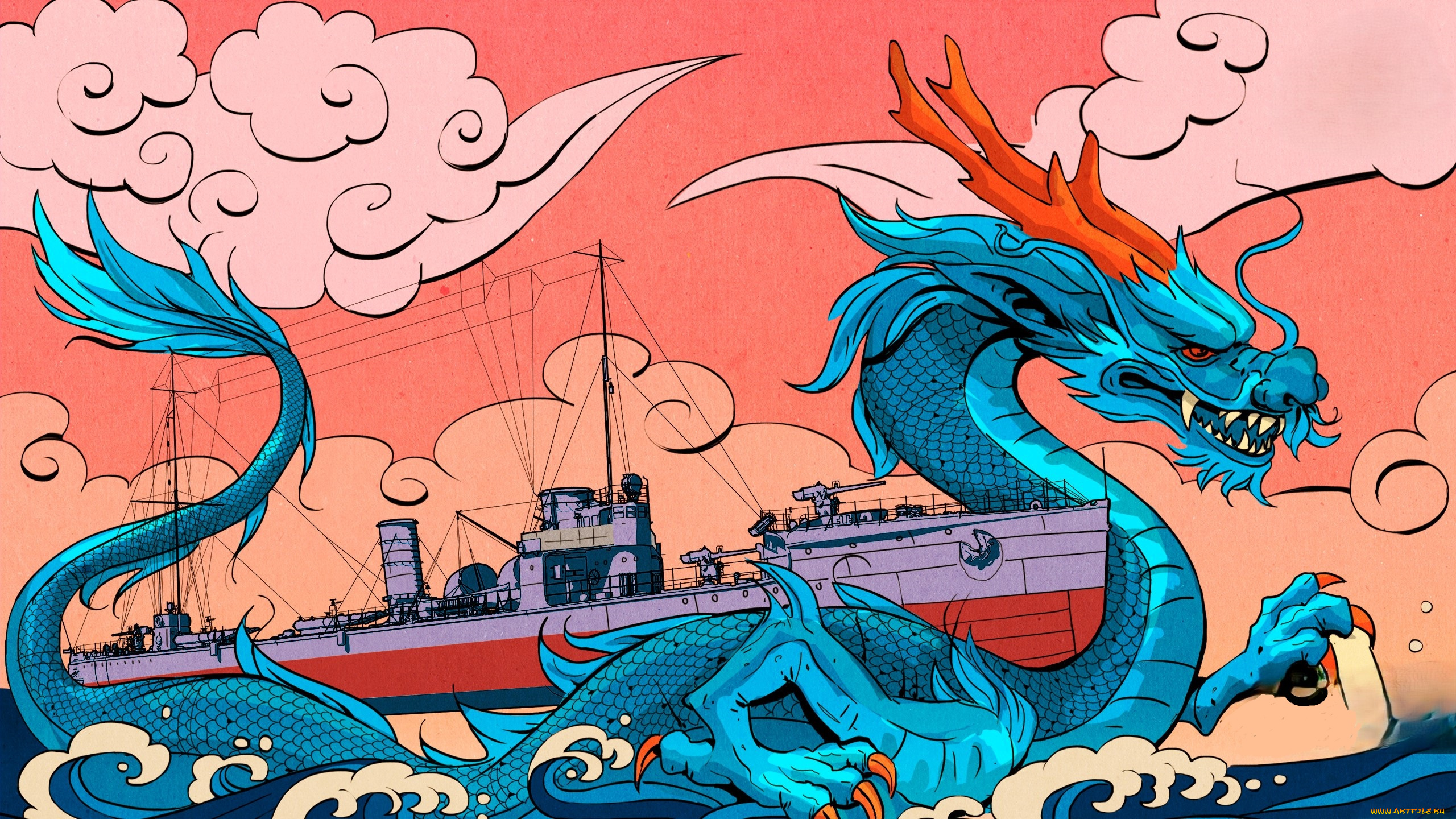 видео, игры, world, of, warships, дракон, корабль, облака, море