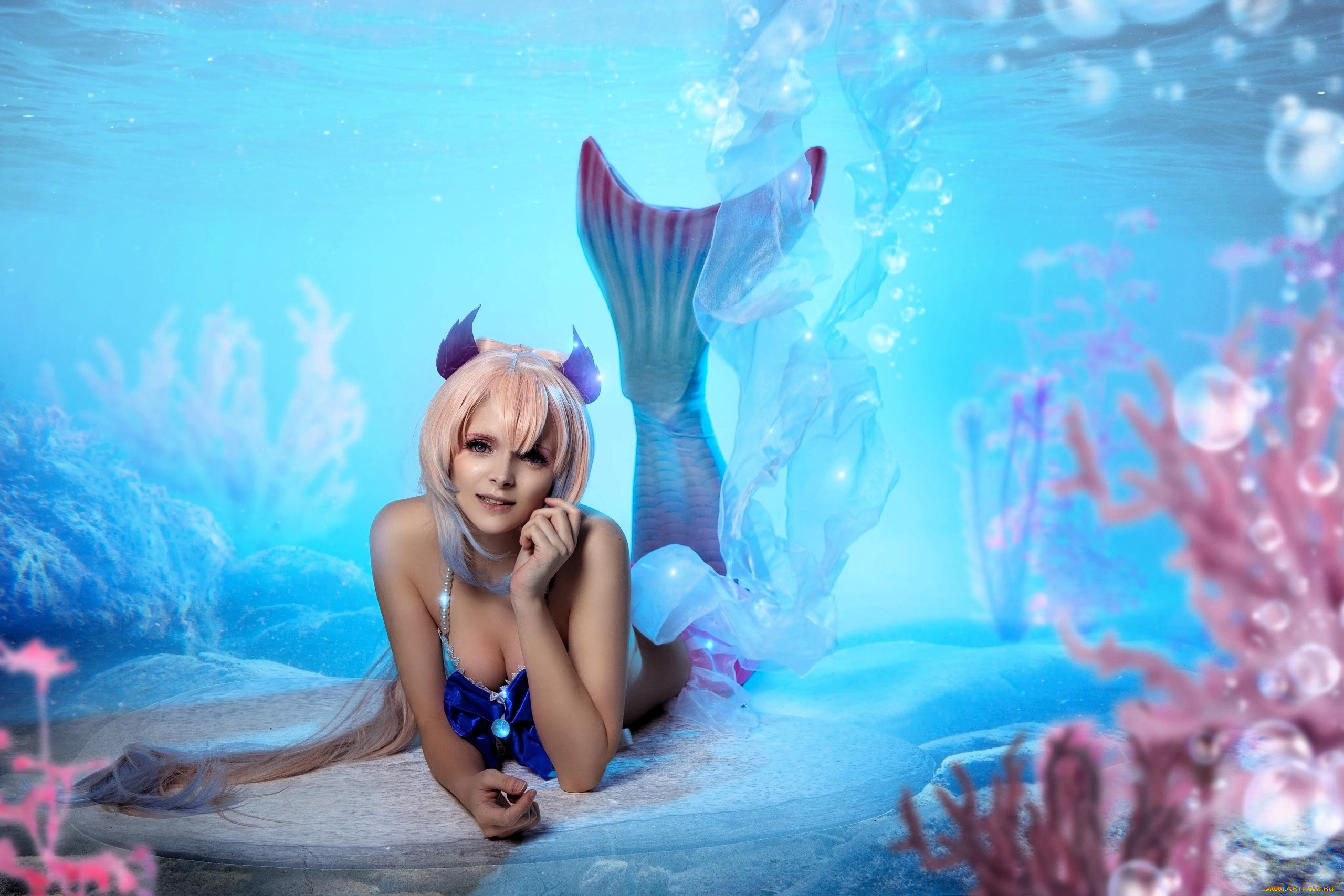 девушки, mari, aisu, образ, косплей, русалка, море, дно