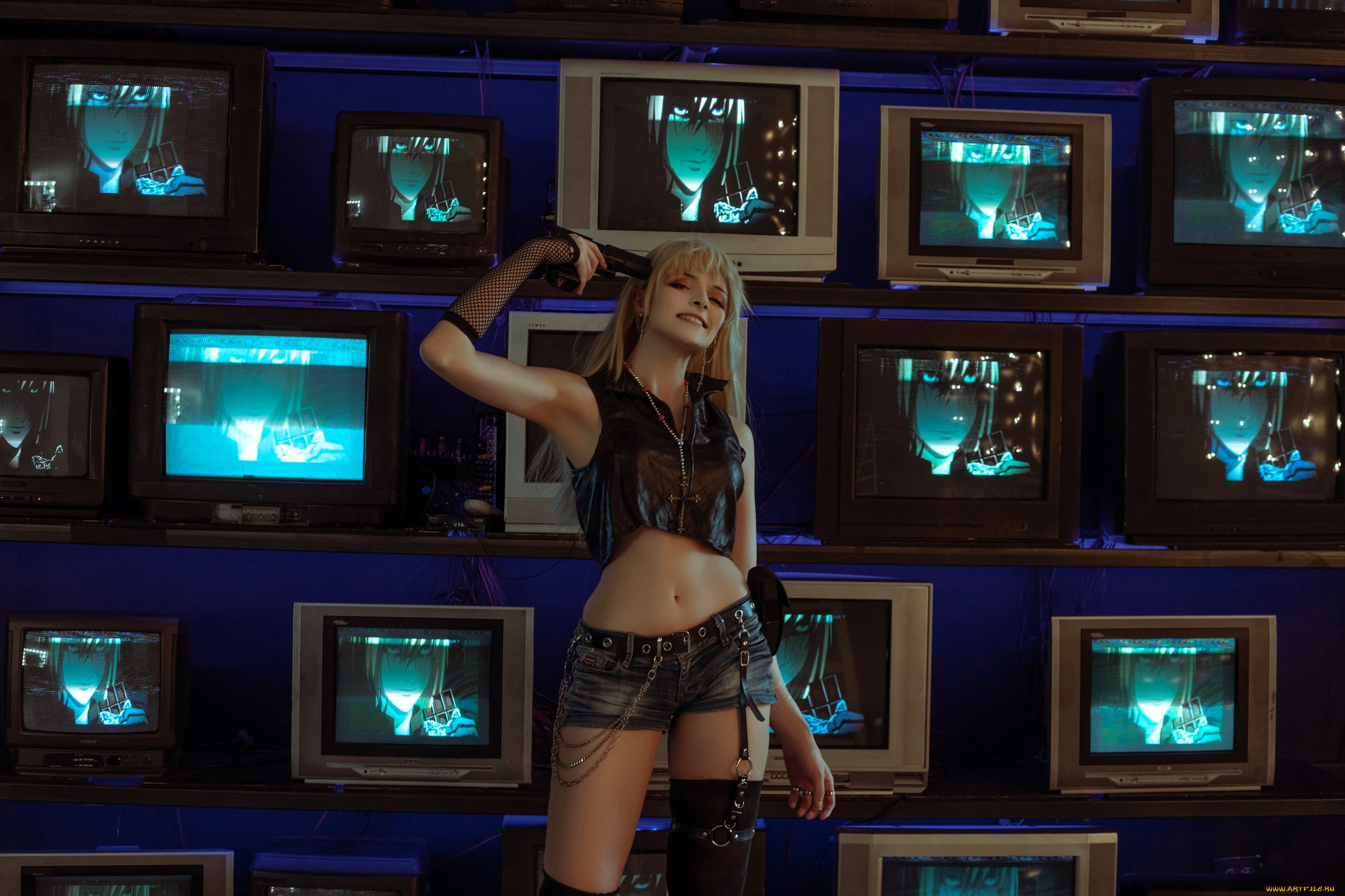 девушки, mari, aisu, образ, костюм, косплей, наряд, пистолет, телевизоры, аниме