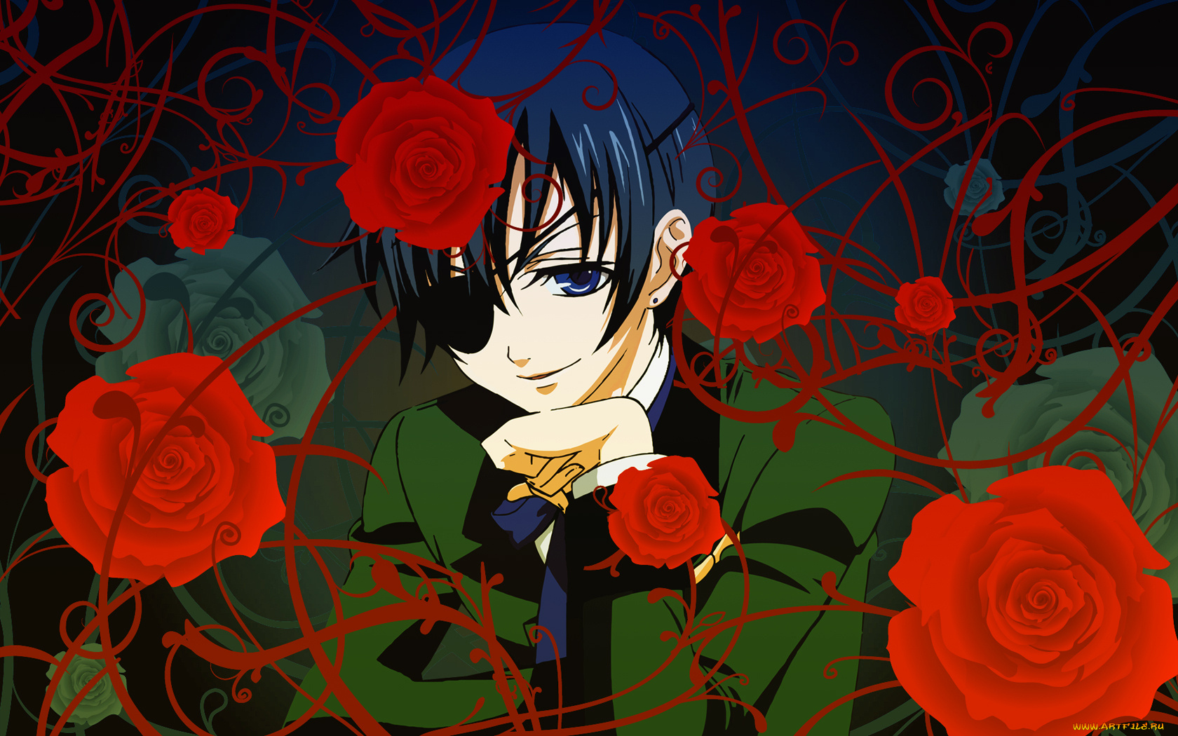 black, butler, аниме, kuroshitsuji, ciel, phantomhive, розы