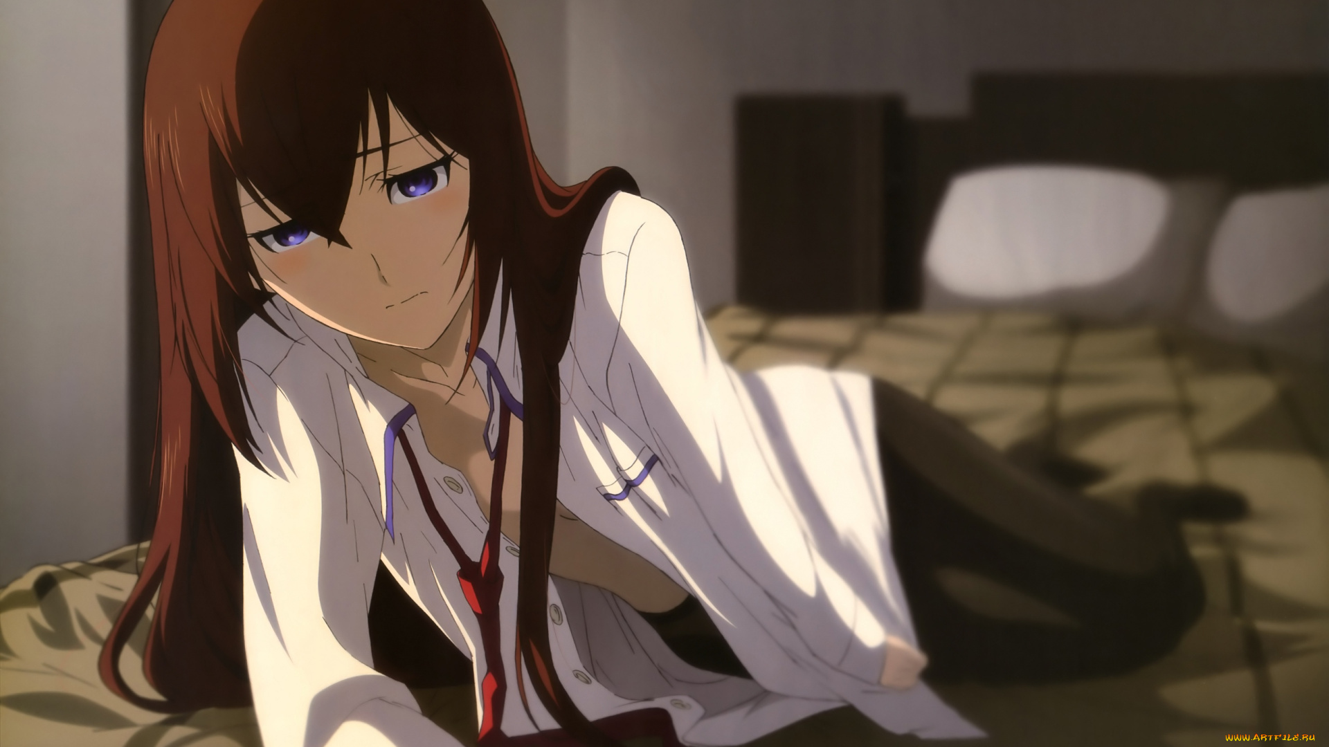 аниме, steins, gate, диван, галстук, девушка