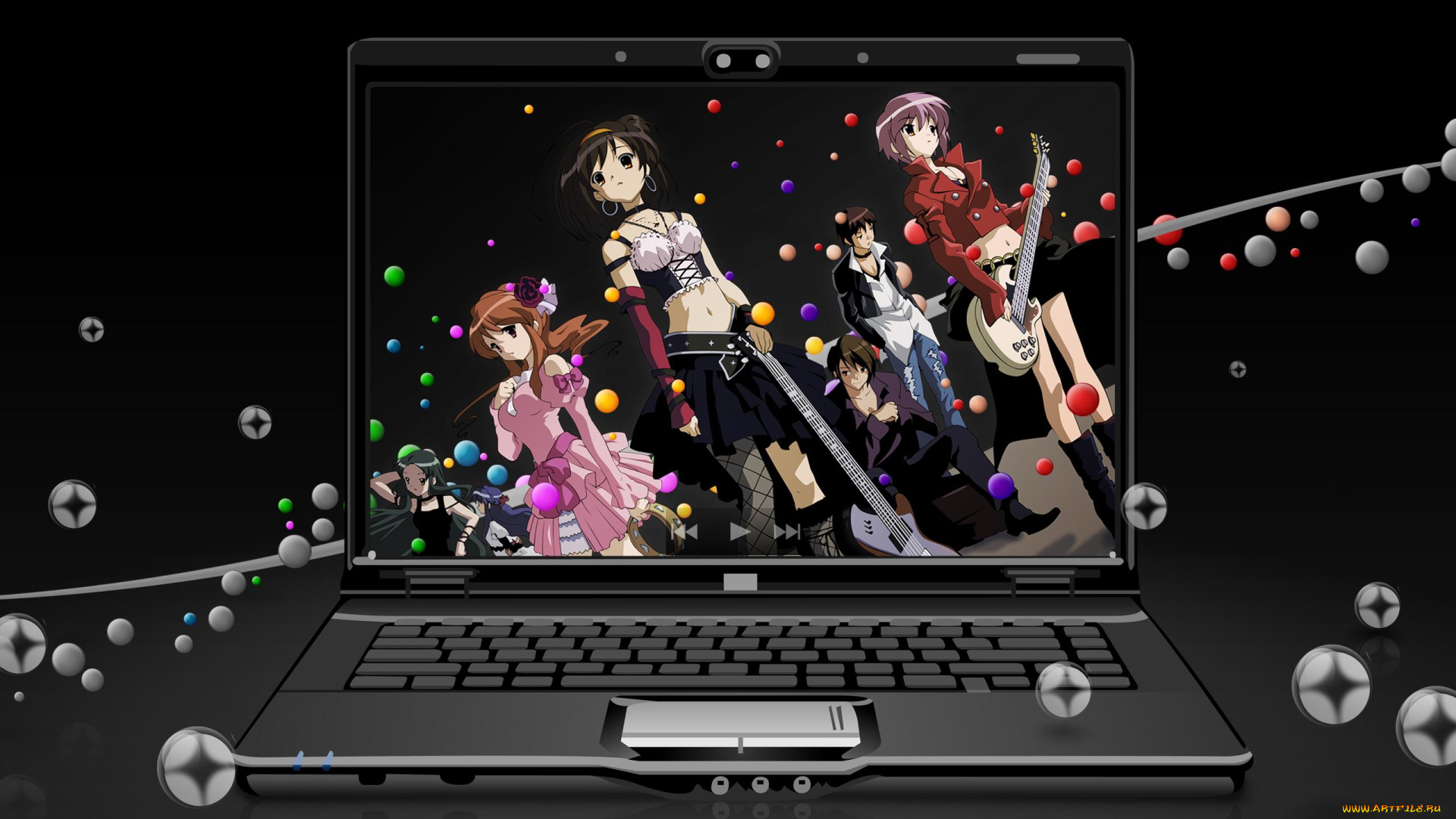 аниме, the, melancholy, of, haruhi, suzumiya, гитары, ноутбук, девушки