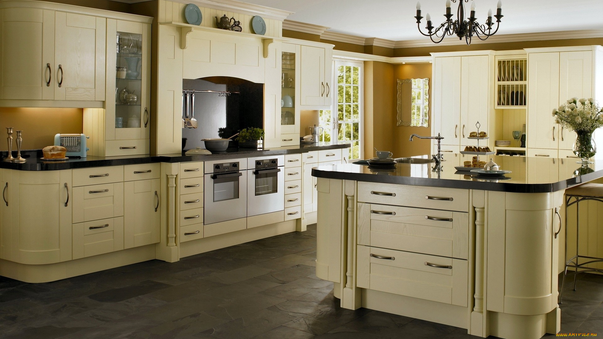 интерьер, кухня, люстра, букет, плита, стол, ящики