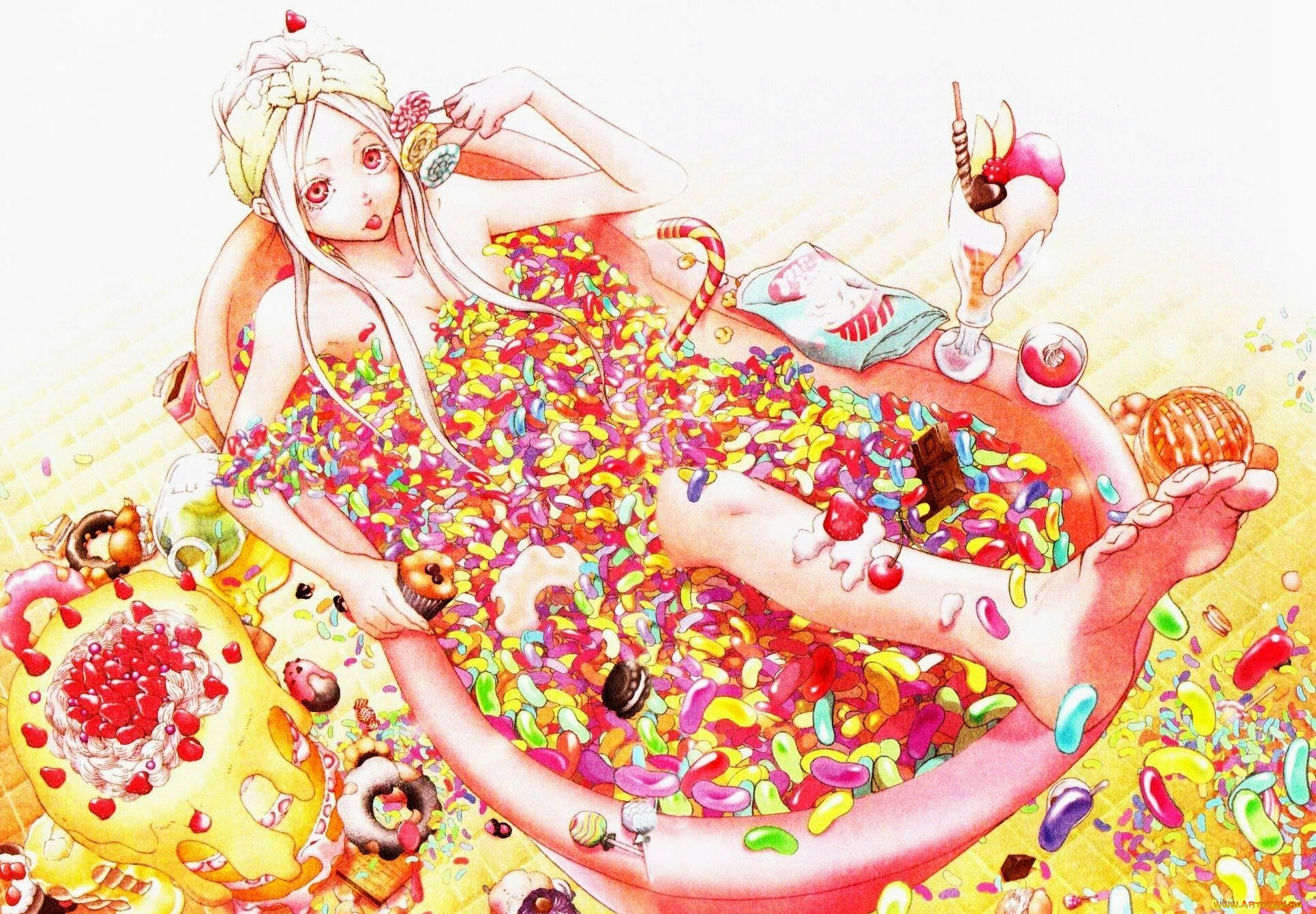 аниме, deadman, wonderland, ванна, сладости, конфеты, кексы, мороженное, shiro