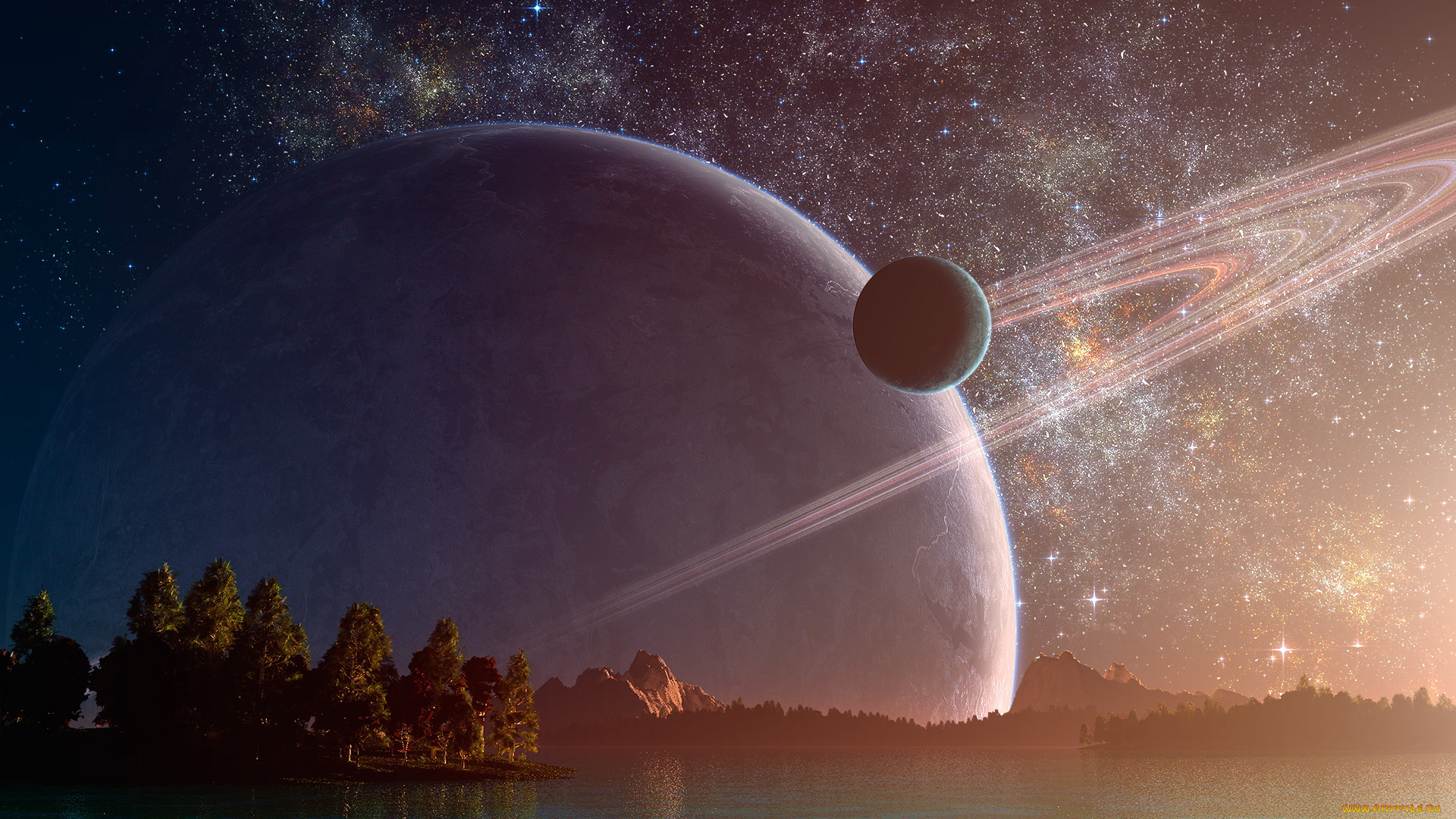 космос, арт, планета, поверхность, кольца