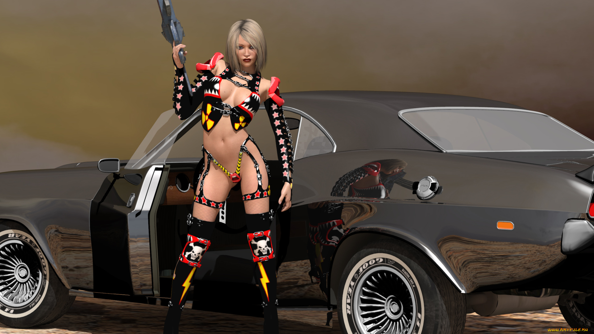 3д, графика, fantasy, фантазия, девушка, оружие, автомобиль