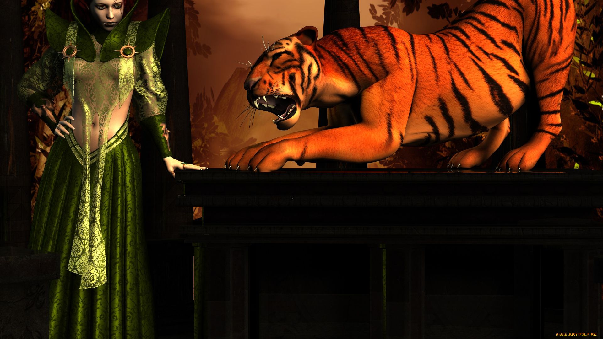 3д, графика, fantasy, фантазия, тигр, девушка