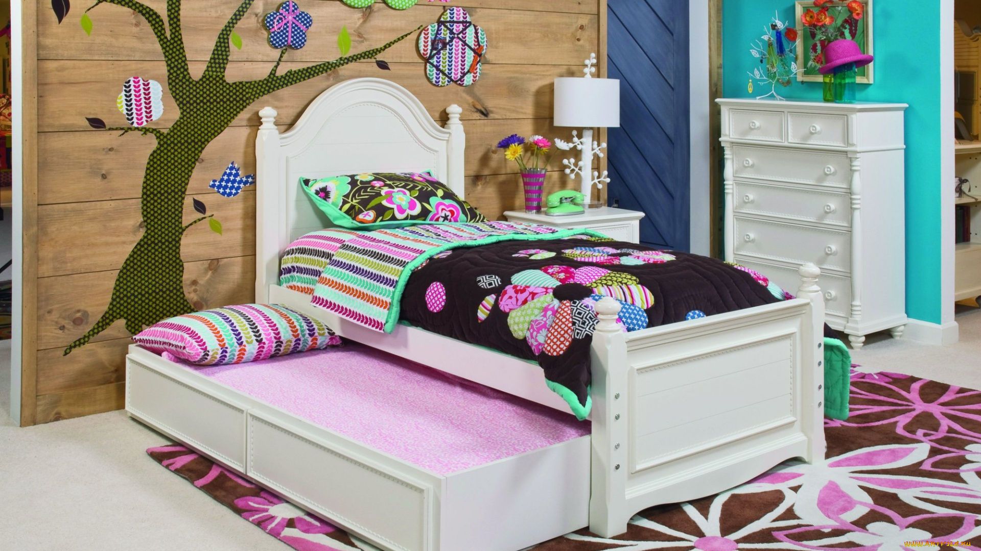 интерьер, детская, комната, подушки, кровать