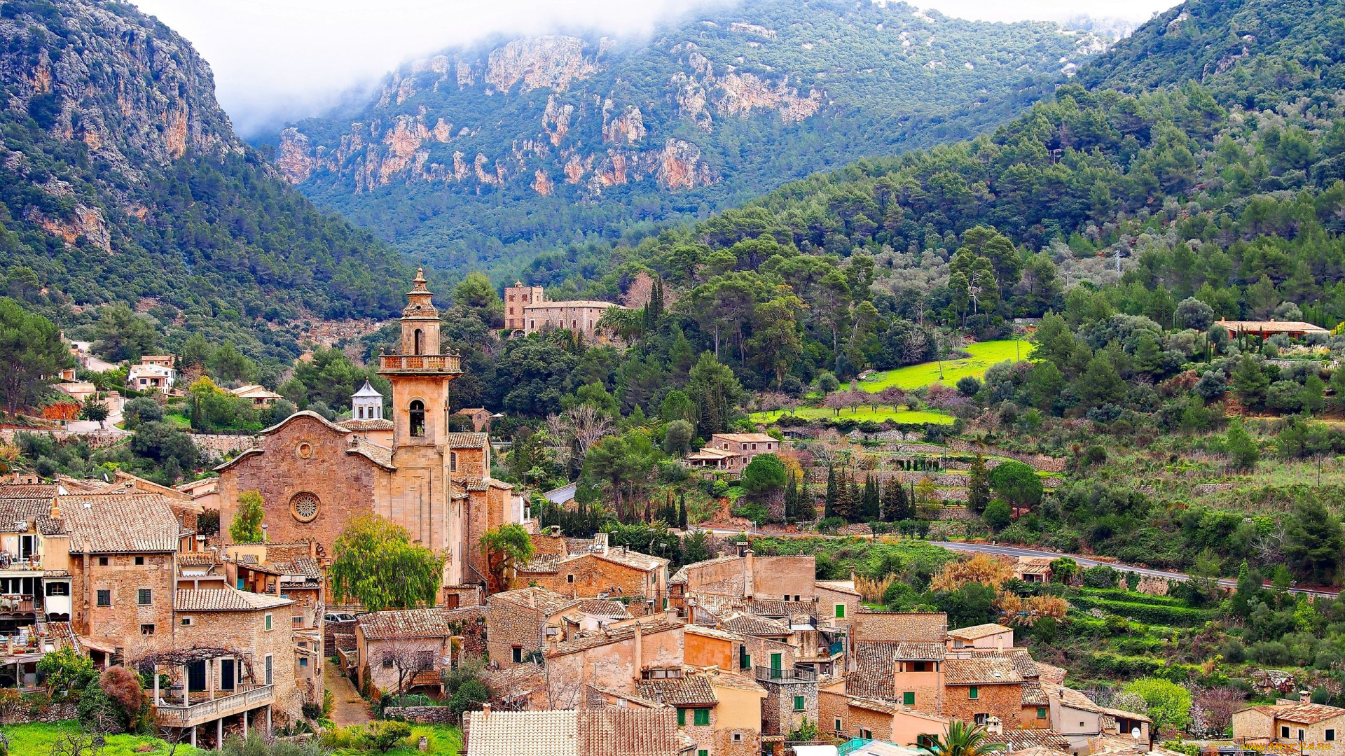 valldemossa, mallorca, spain, города, панорамы, испания, здания, мальорка, вальдемоса, дома, горы, balearic, islands, провинция, балеарские, острова, st, bartholomew, church, церковь, святого, варфоломея