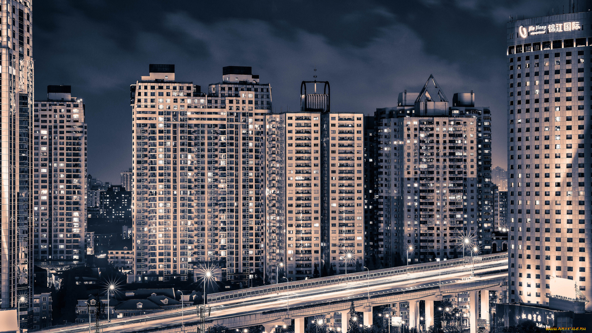 yan`an, highway, shanghai, china, города, шанхай, китай, здания, ночной, город, эстакада