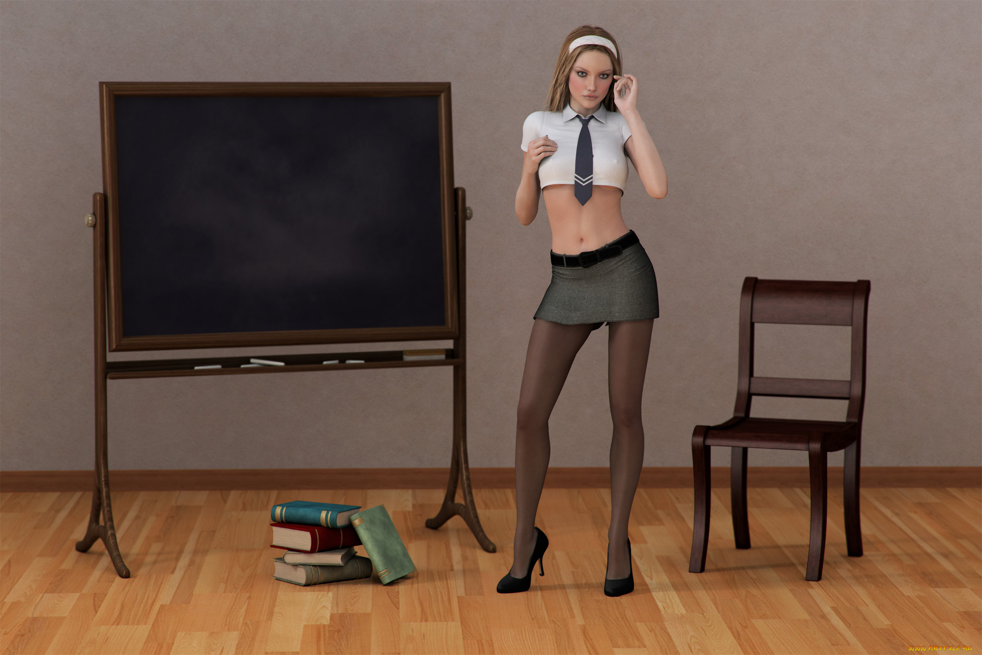3д, графика, people, люди, стул, девушка, книги, доска