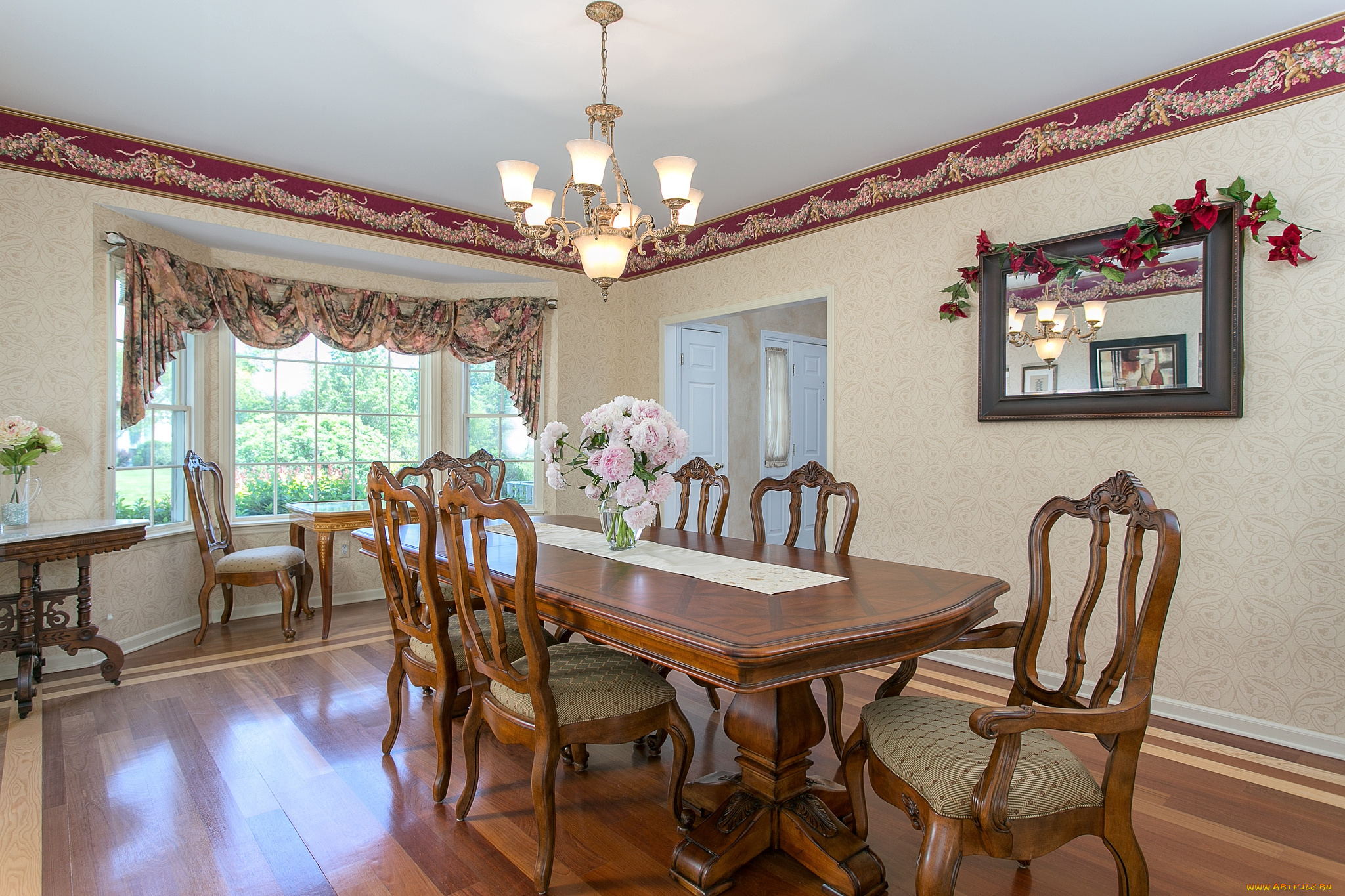 интерьер, столовая, букет, декор, стулья, стол