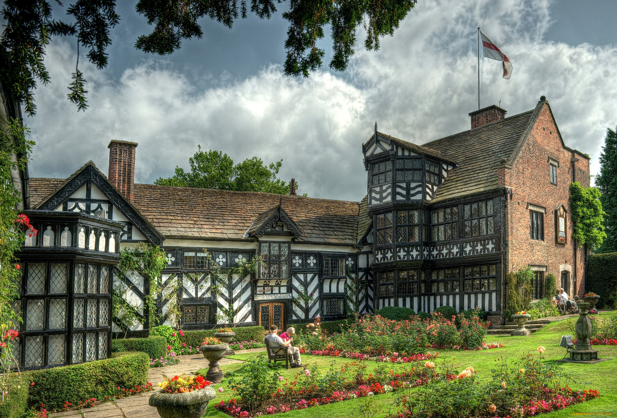 gawsworth, old, hall, england, города, здания, дома, цветы, англия, сад, парк