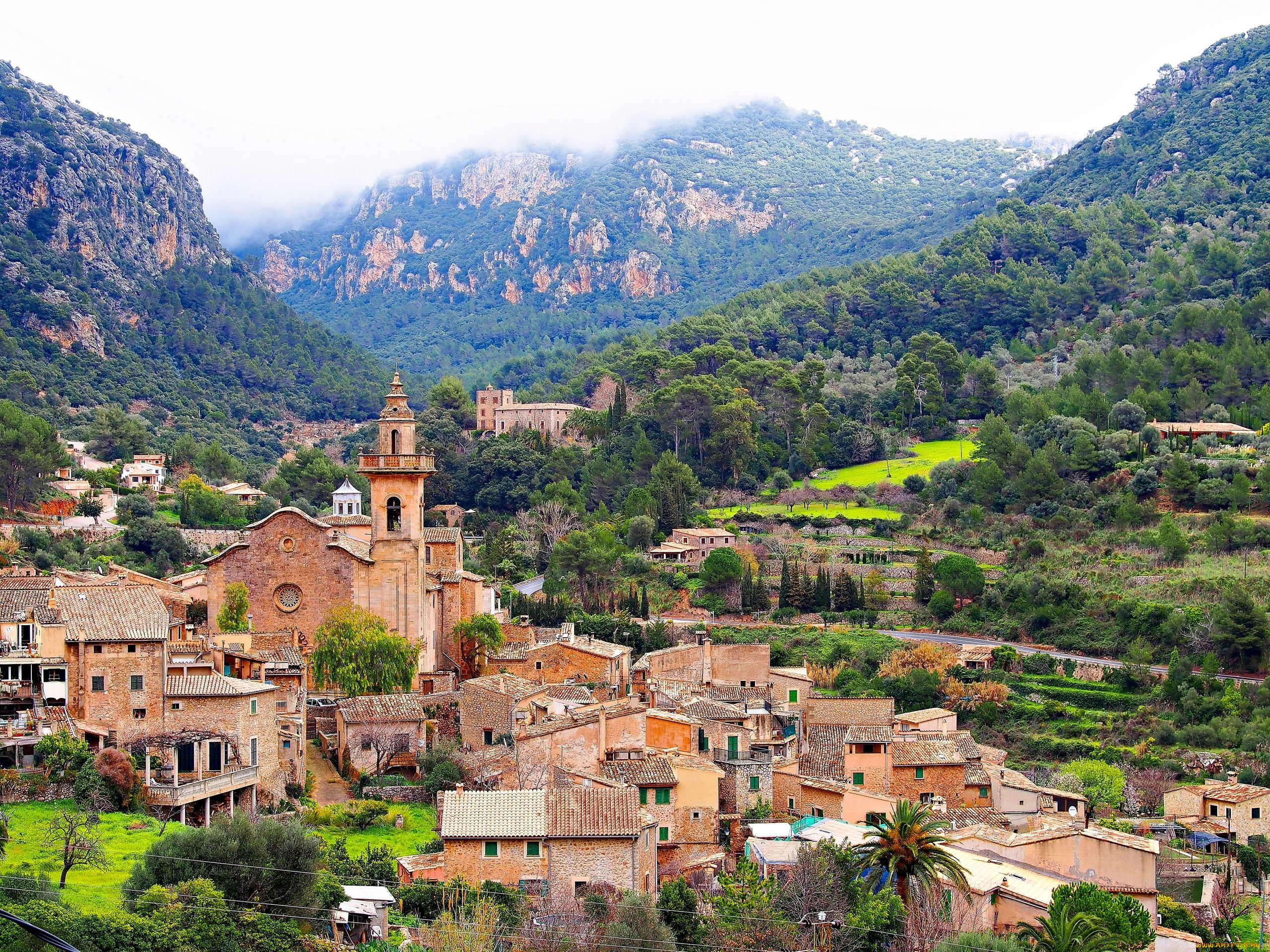 valldemossa, mallorca, spain, города, панорамы, испания, здания, мальорка, вальдемоса, дома, горы, balearic, islands, провинция, балеарские, острова, st, bartholomew, church, церковь, святого, варфоломея