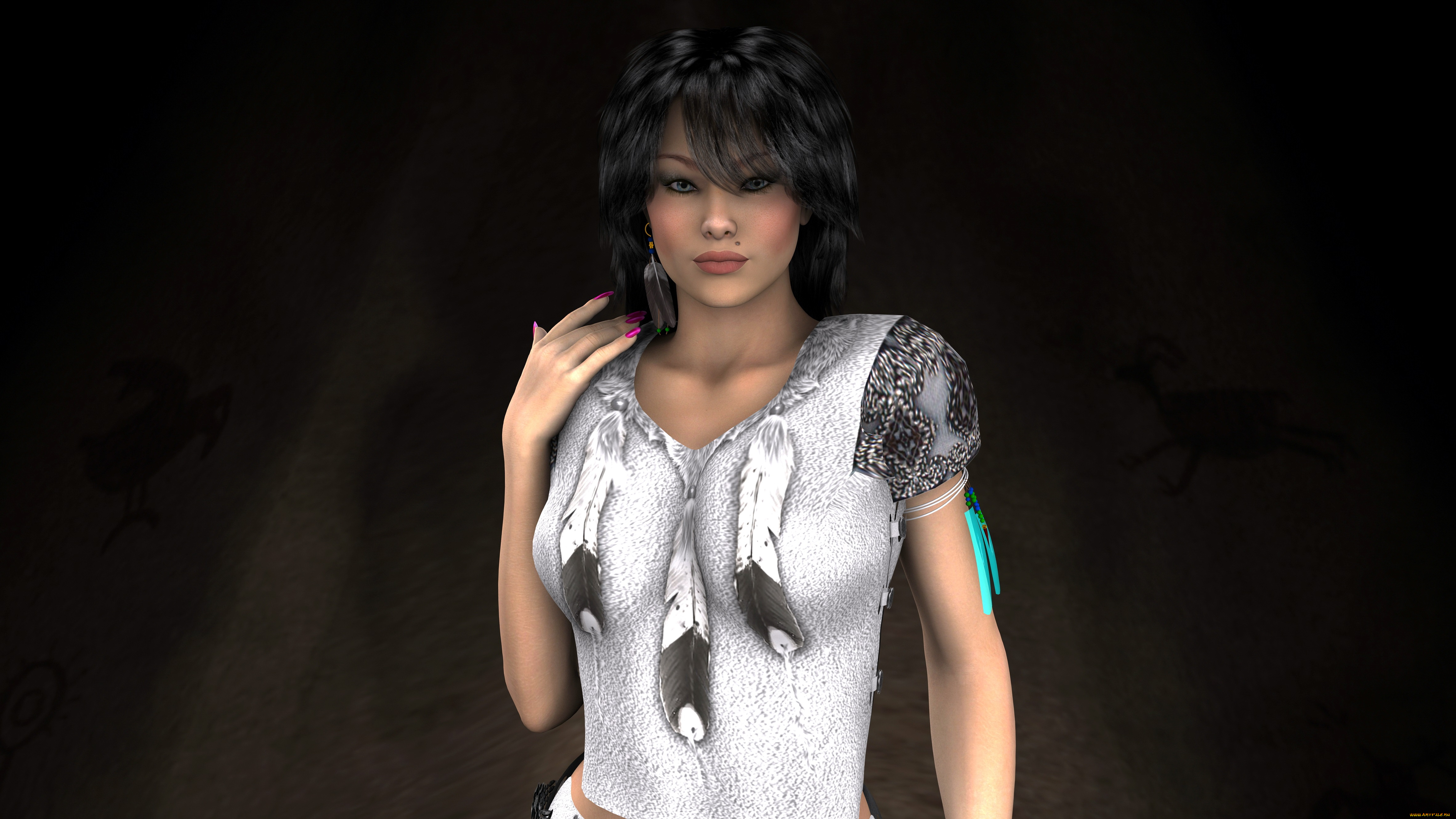 3д, графика, people, люди, девушка, взгляд, перья