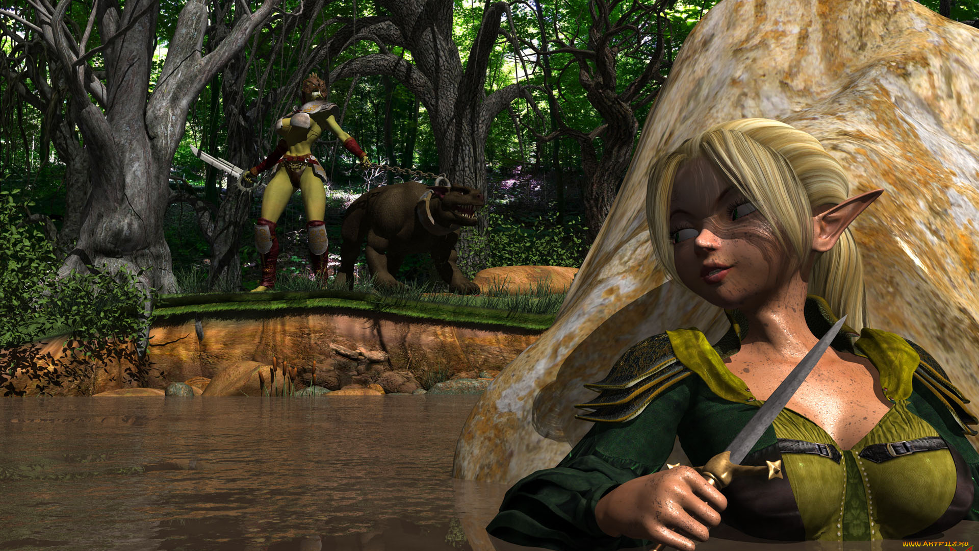3д, графика, эльфы, , elves, эльфийка, взгляд, существо, оружие, камень, вода