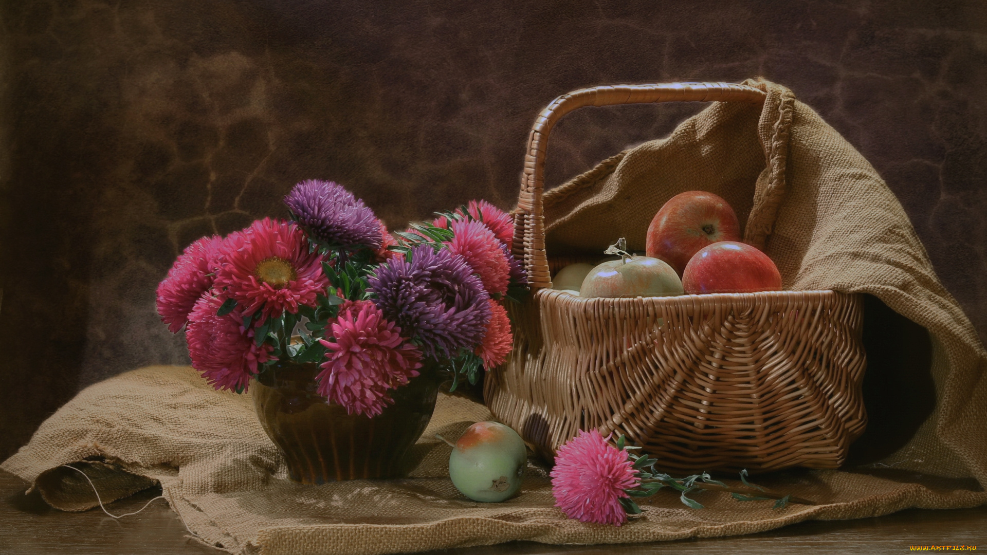 цветы, астры, яблоки, осень