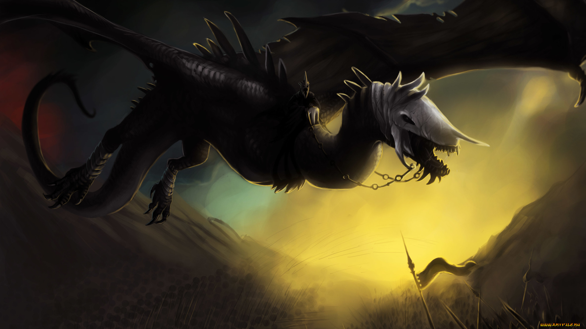 фэнтези, драконы, цепи, череп, крылья, полет, дракон, арт, фантастика