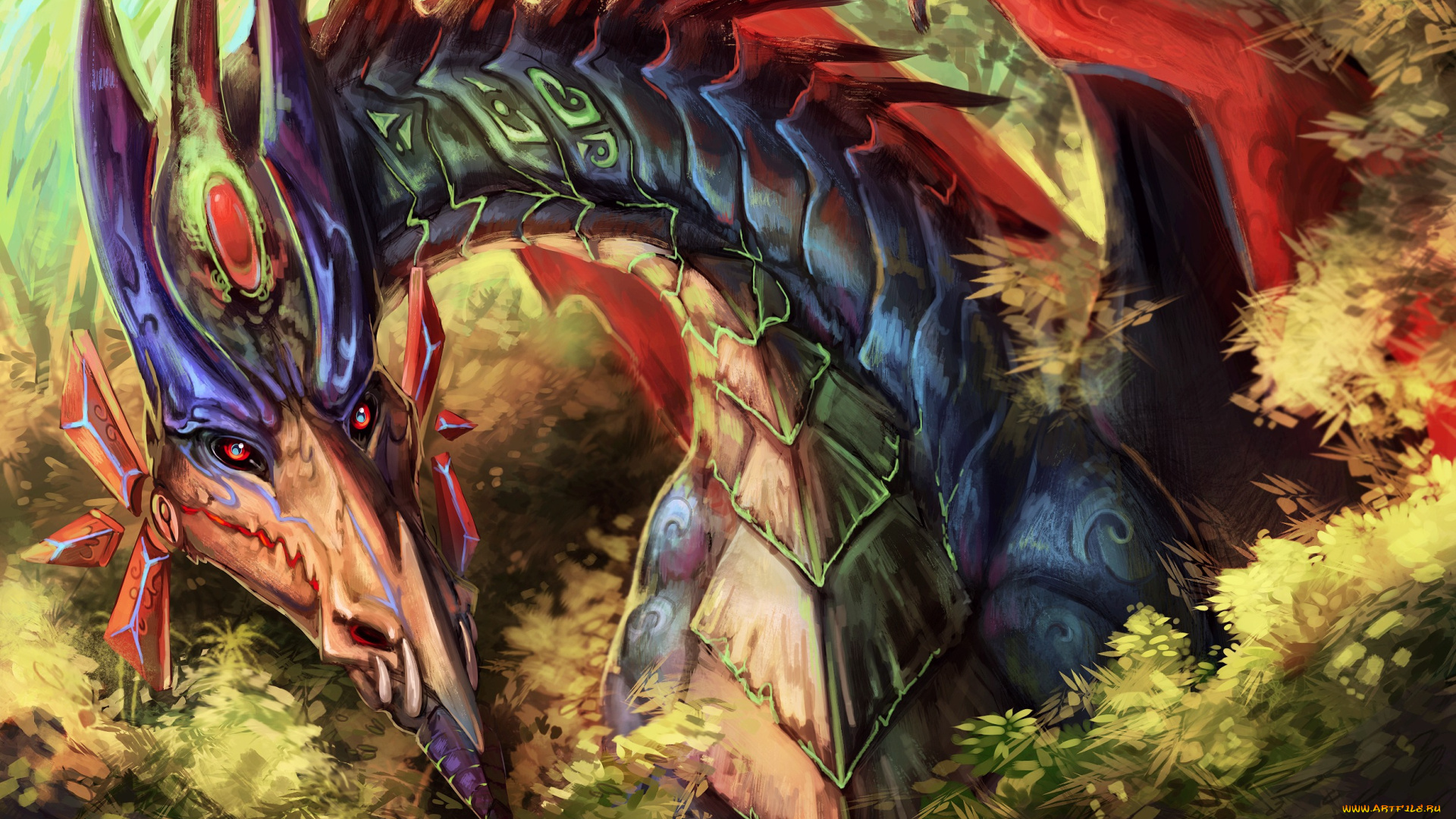 фэнтези, драконы, фантастика, арт, дракон, рога, взгляд, цвета, окрас