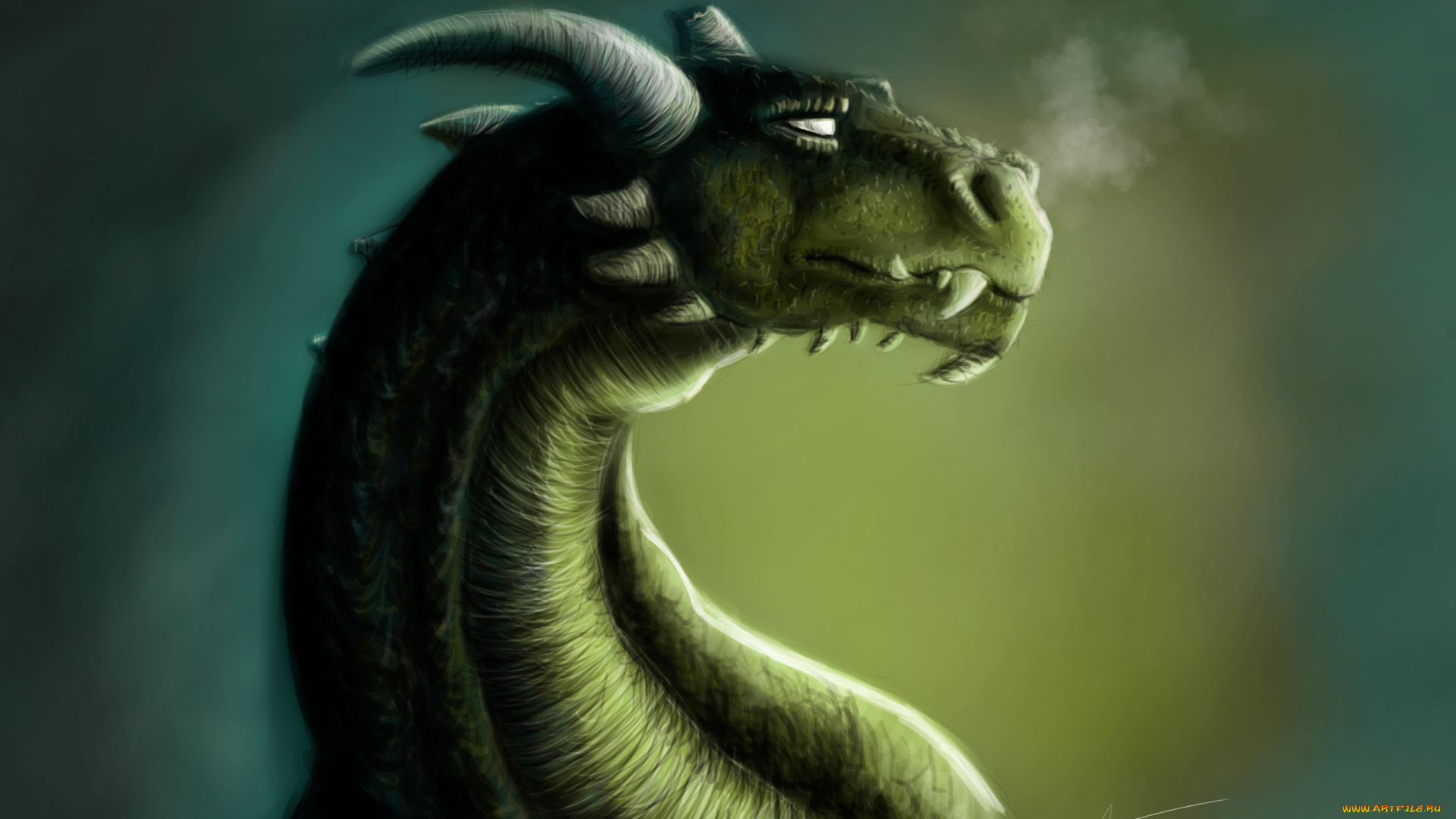 фэнтези, драконы, фантастика, арт, дракон, зеленый, рога, взгляд, фон