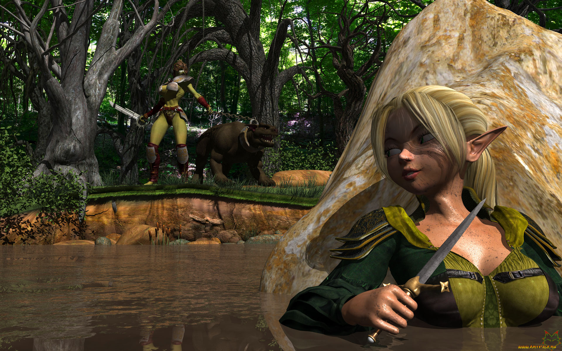 3д, графика, эльфы, , elves, эльфийка, взгляд, существо, оружие, камень, вода