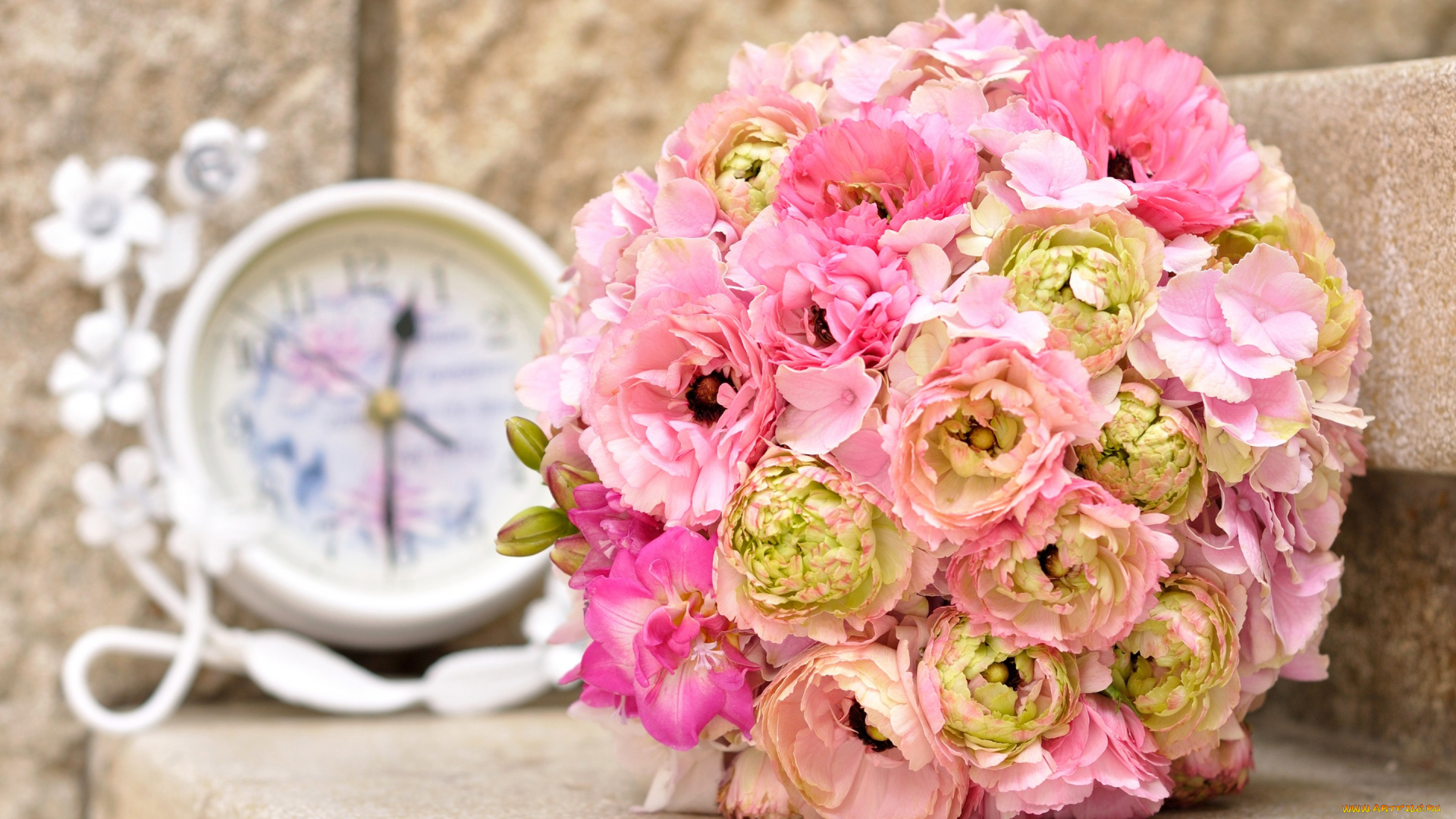 цветы, букеты, , композиции, гортензия, пионы, букет, часы