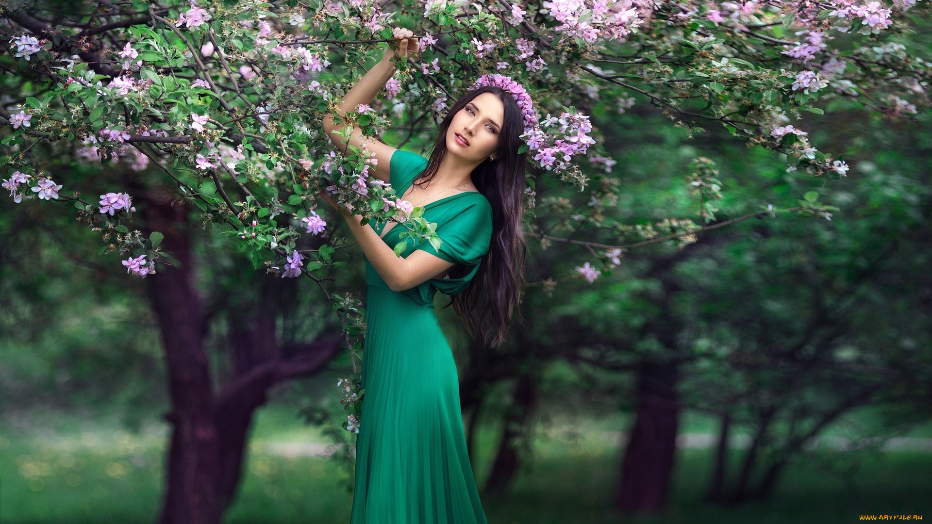 девушки, -unsort, , брюнетки, , шатенки, брюнетка, венок, платье, дерево, весна, цветение