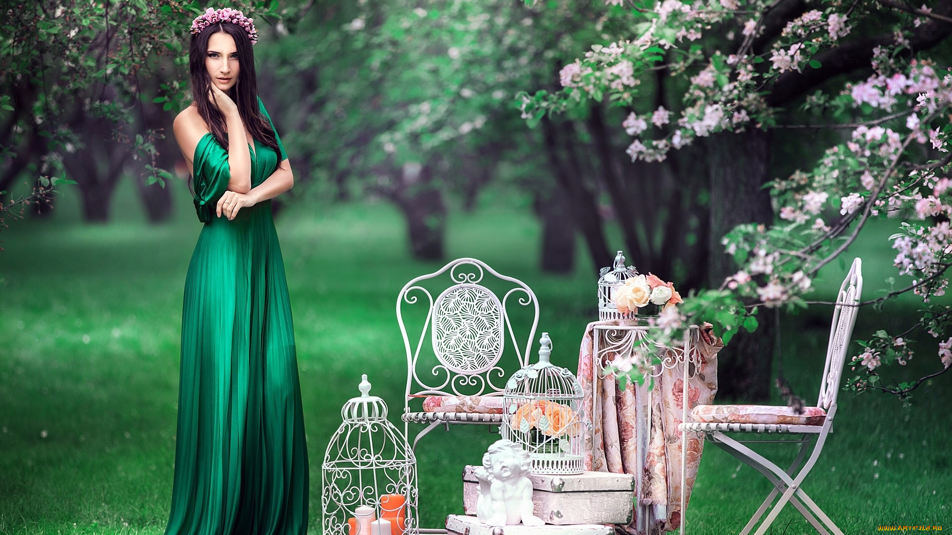 девушки, -unsort, , брюнетки, , шатенки, брюнетка, платье, венок, зелень, клетка, стулья, винтаж, ангел, взгляд