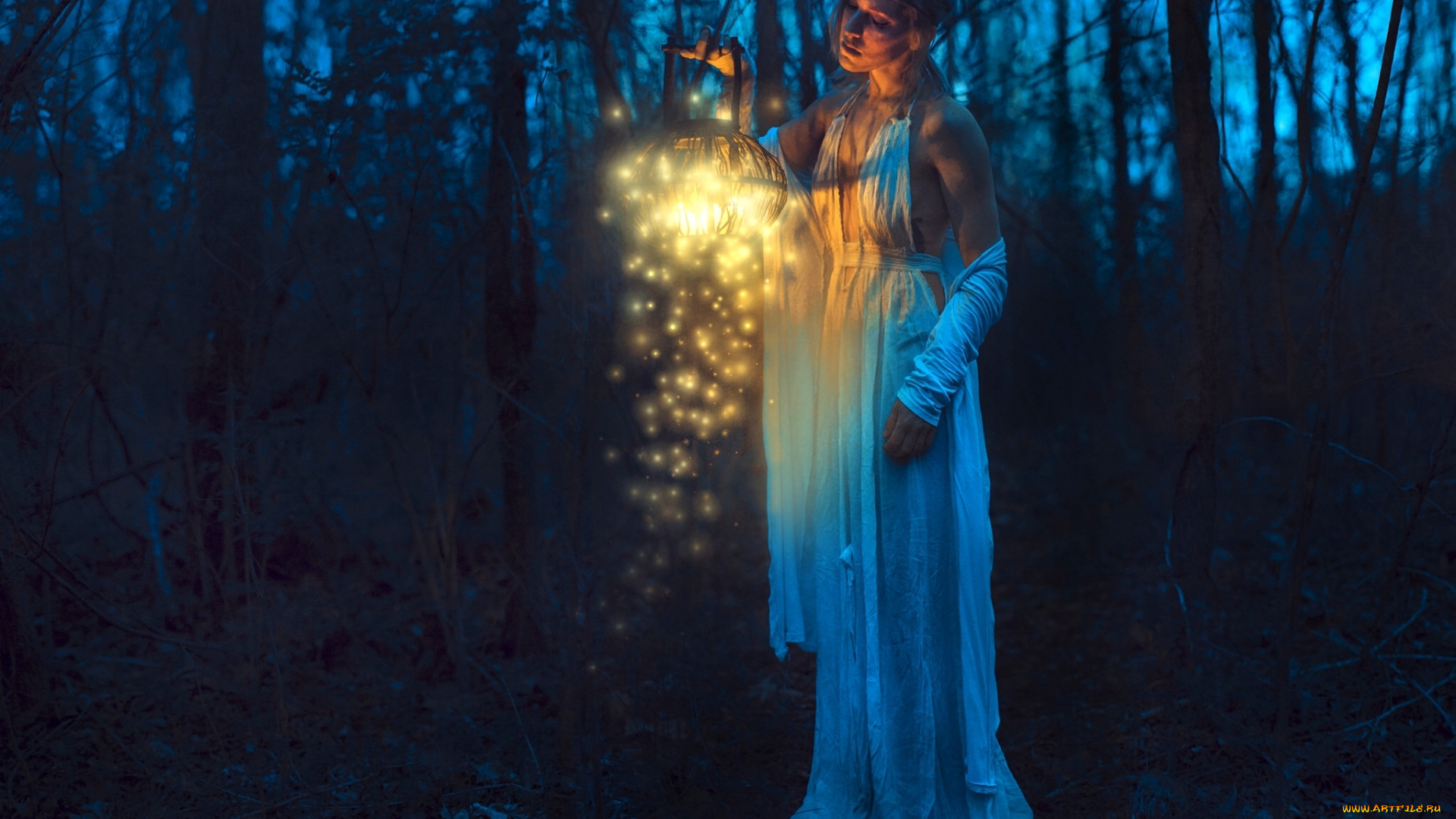 девушки, -unsort, , креатив, девушка, фонарь, ночь, лес, настроение