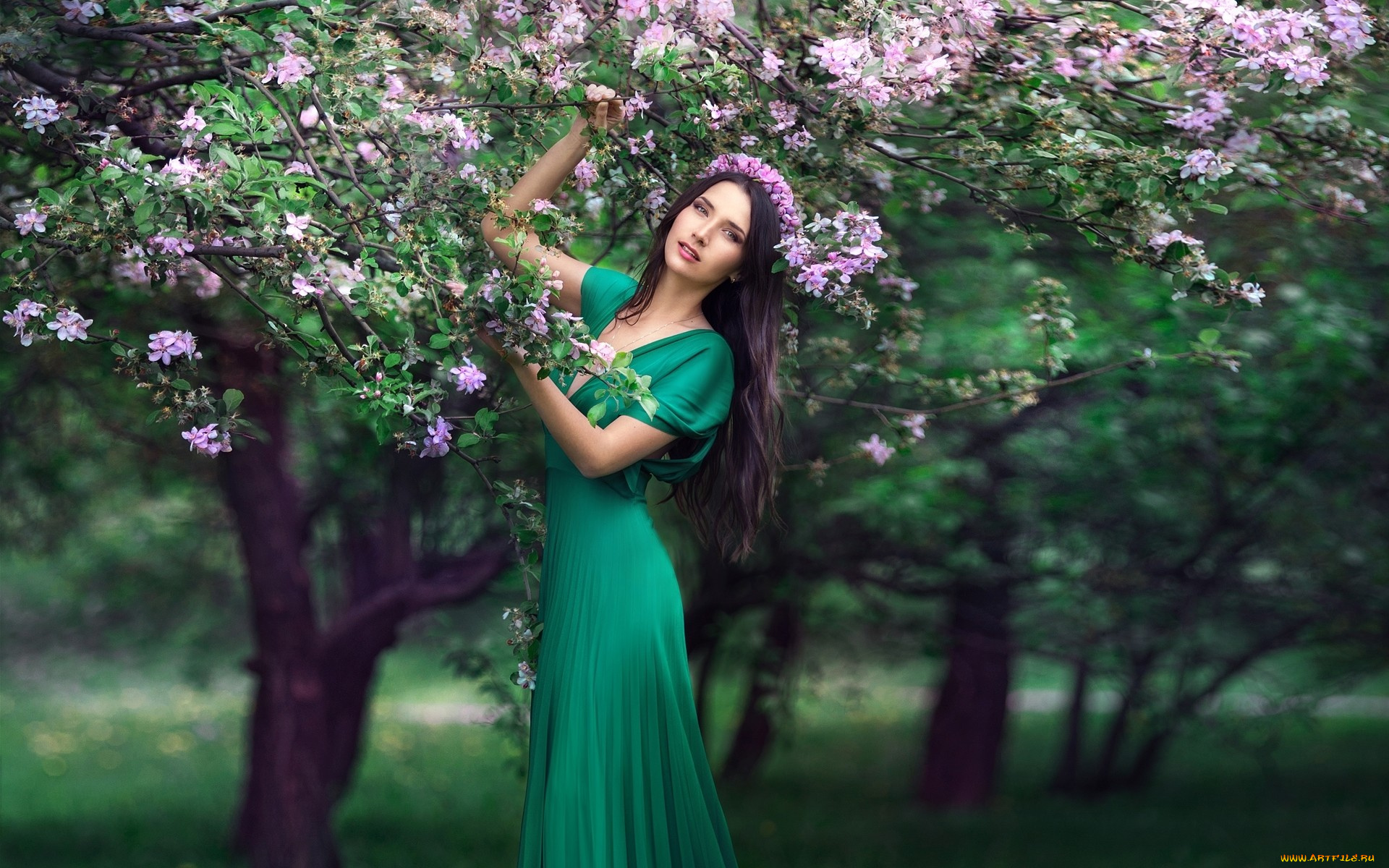 девушки, -unsort, , брюнетки, , шатенки, брюнетка, венок, платье, дерево, весна, цветение