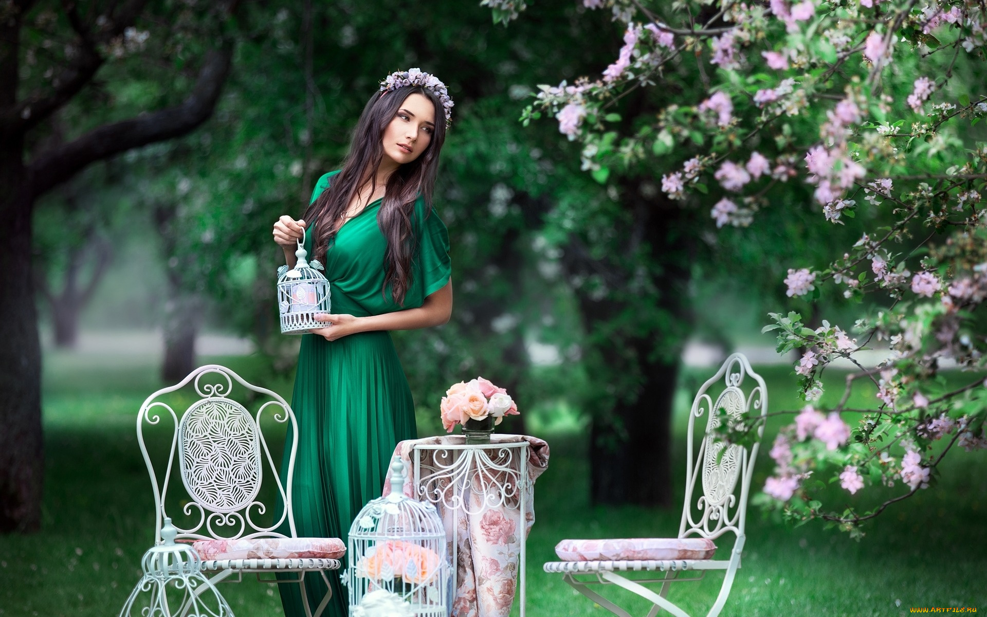 девушки, -unsort, , брюнетки, , шатенки, брюнетка, платье, венок, деревья, весна, стулья