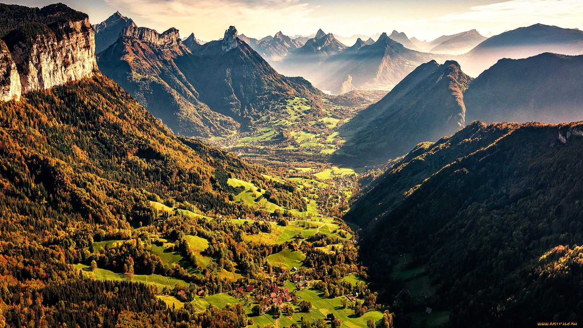 природа, горы, облака, долина, городок