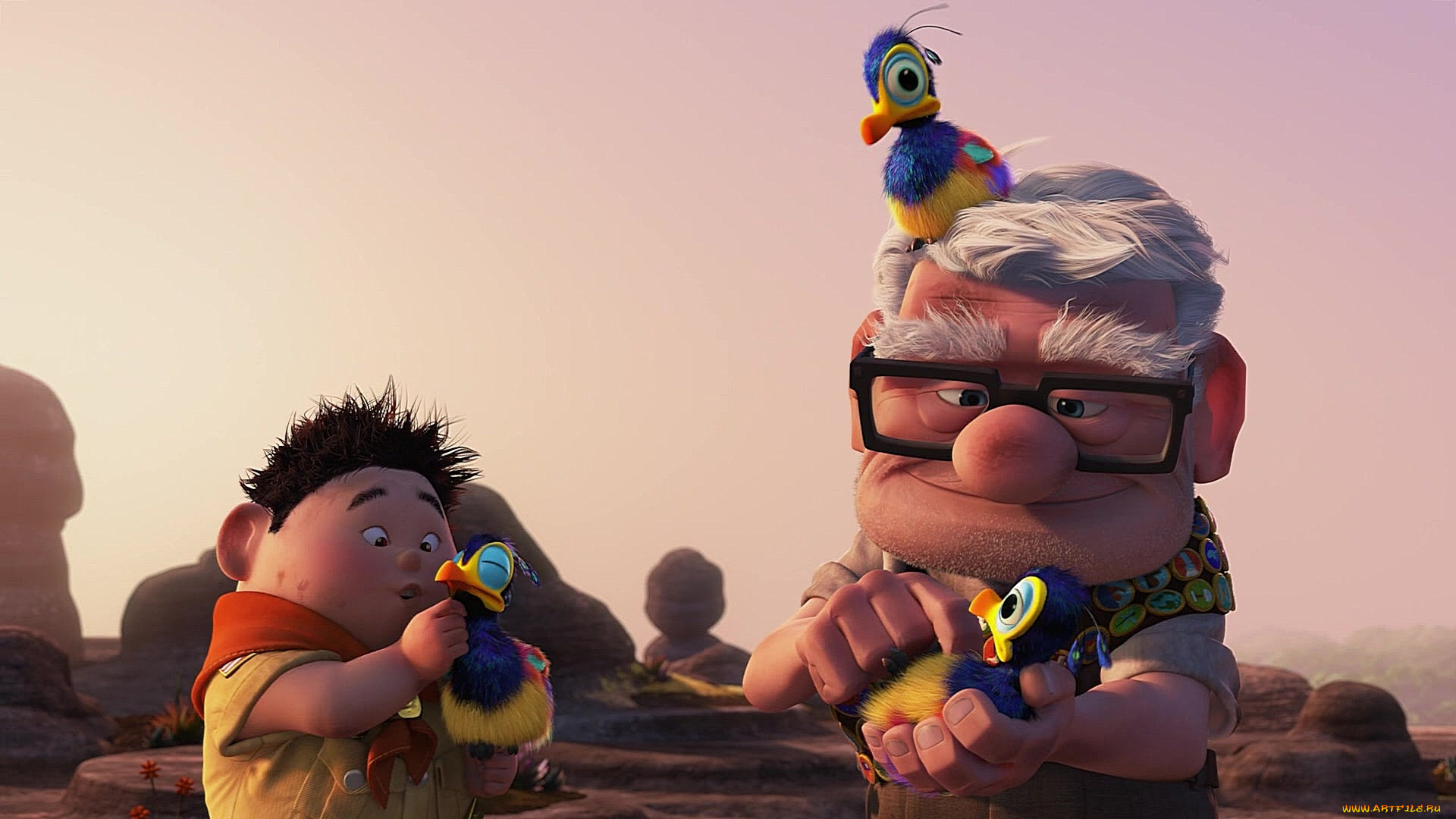 мультфильмы, up, камни, ребенок, птенец, дедушка, мальчик, очки
