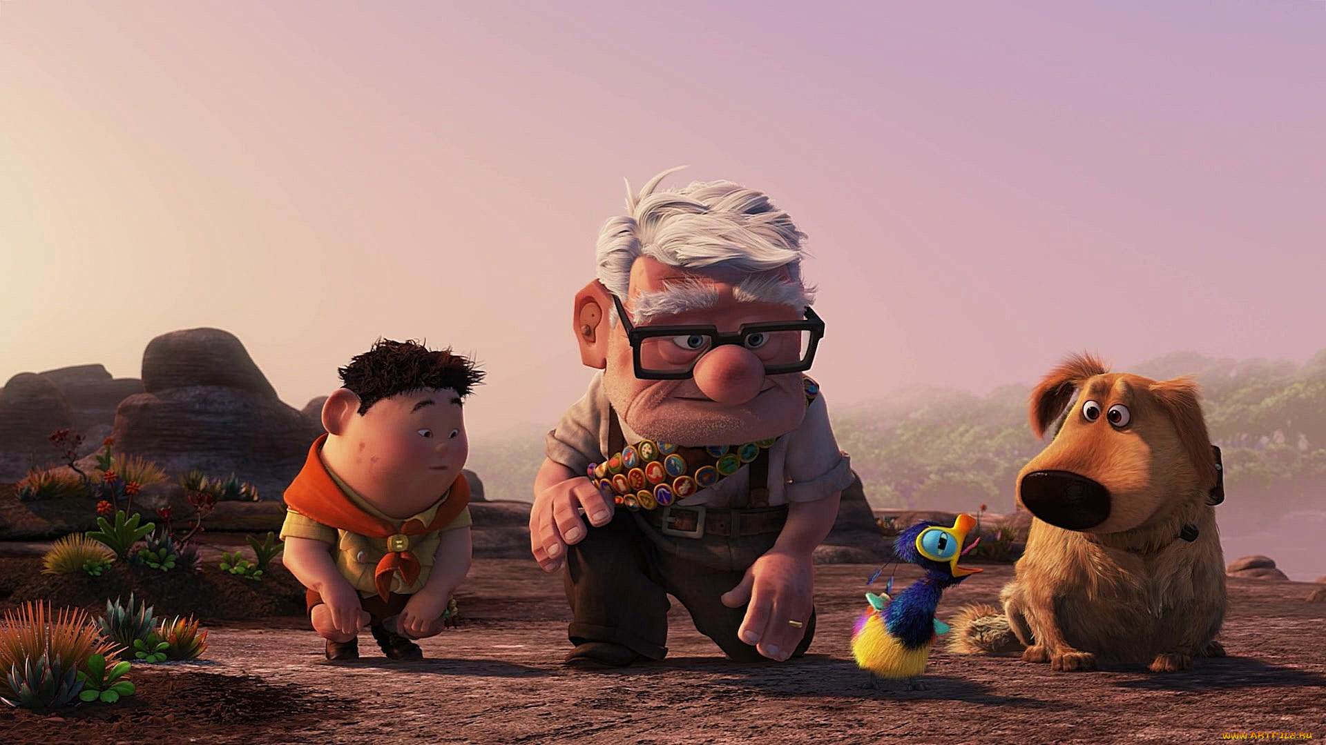 мультфильмы, up, собака, дедушка, мальчик, растения, птенец