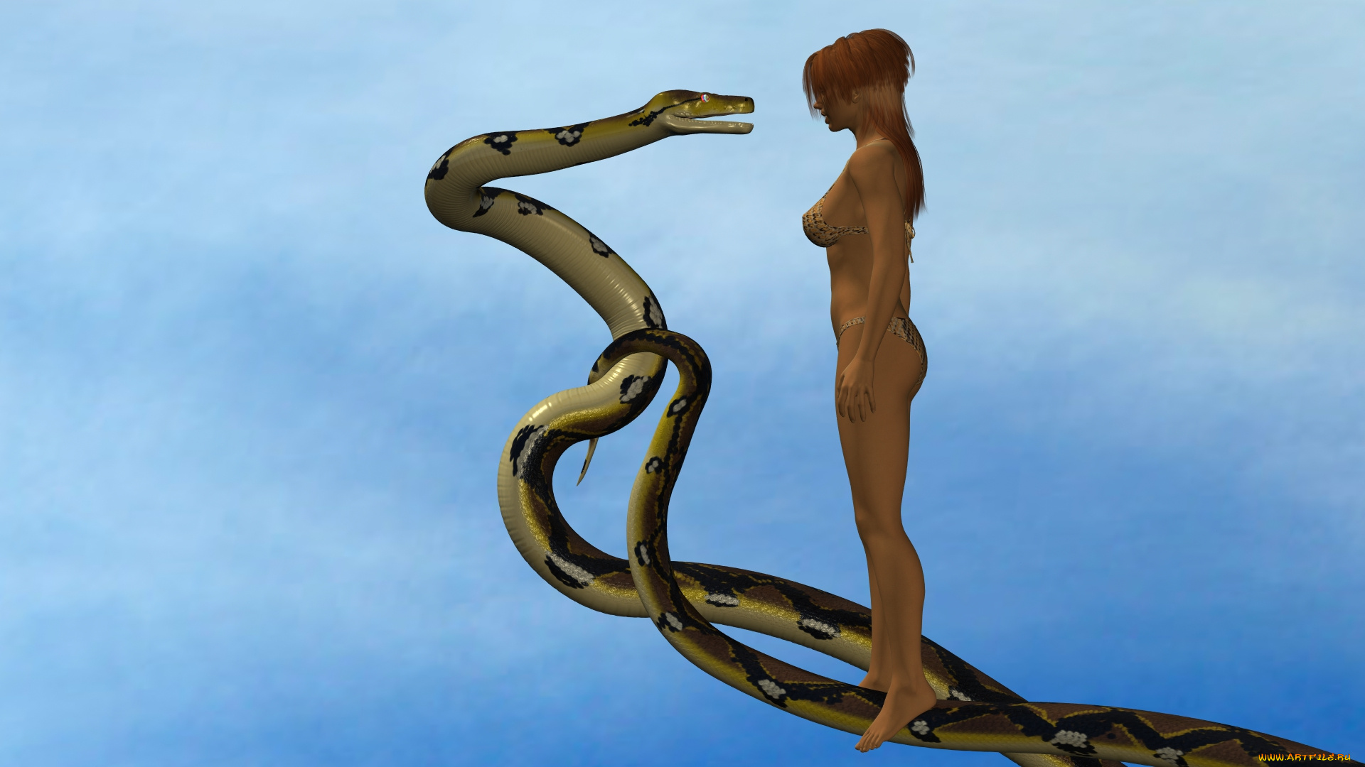 3д, графика, фантазия, , fantasy, дерево, змея, фон, девушка, взгляд