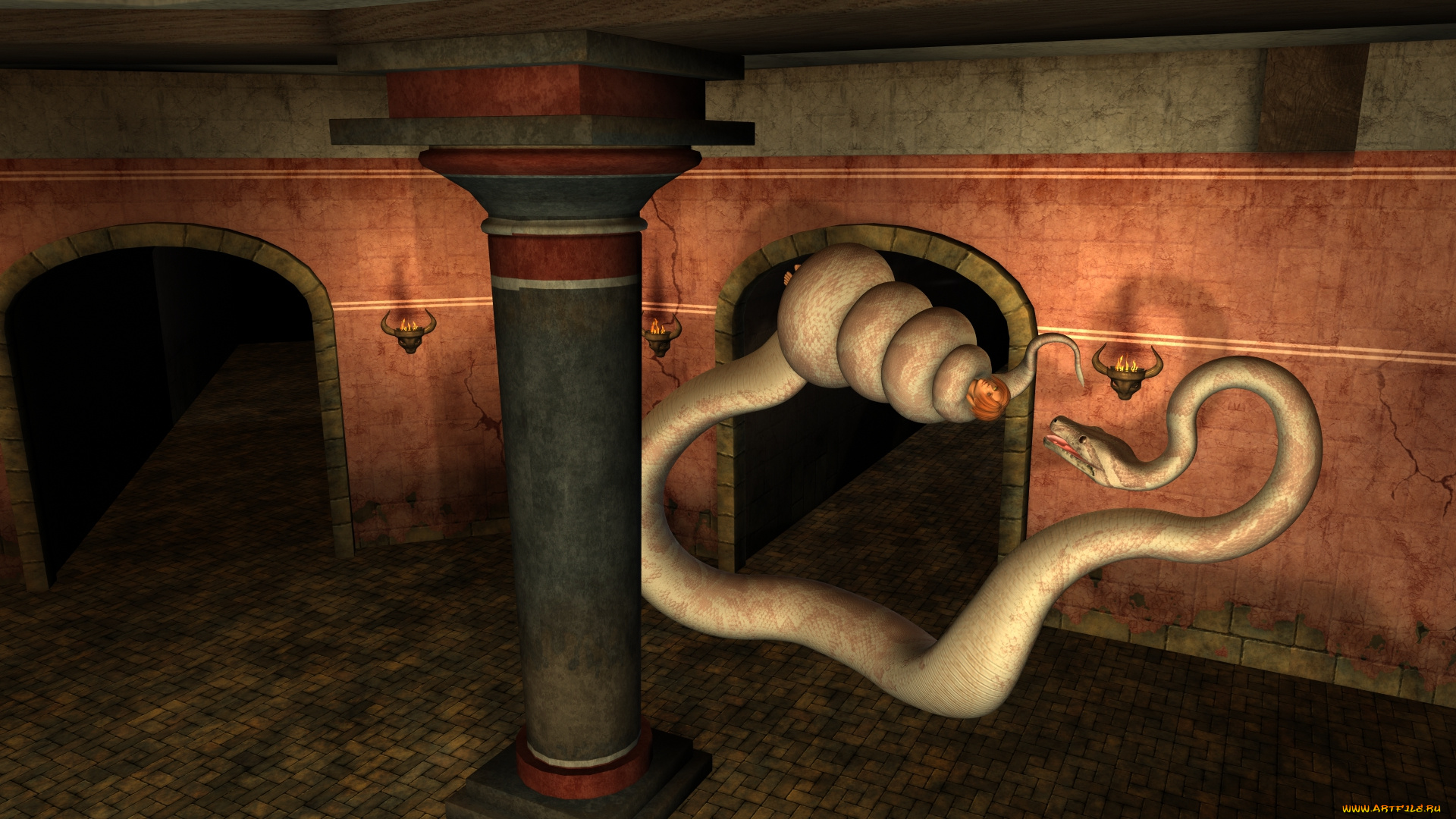 3д, графика, фантазия, , fantasy, взгляд, девушка, змея, фон