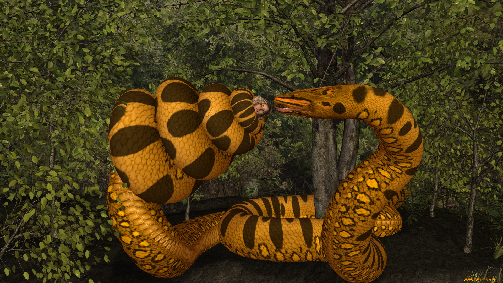 3д, графика, фантазия, , fantasy, взгляд, девушка, фон, змея