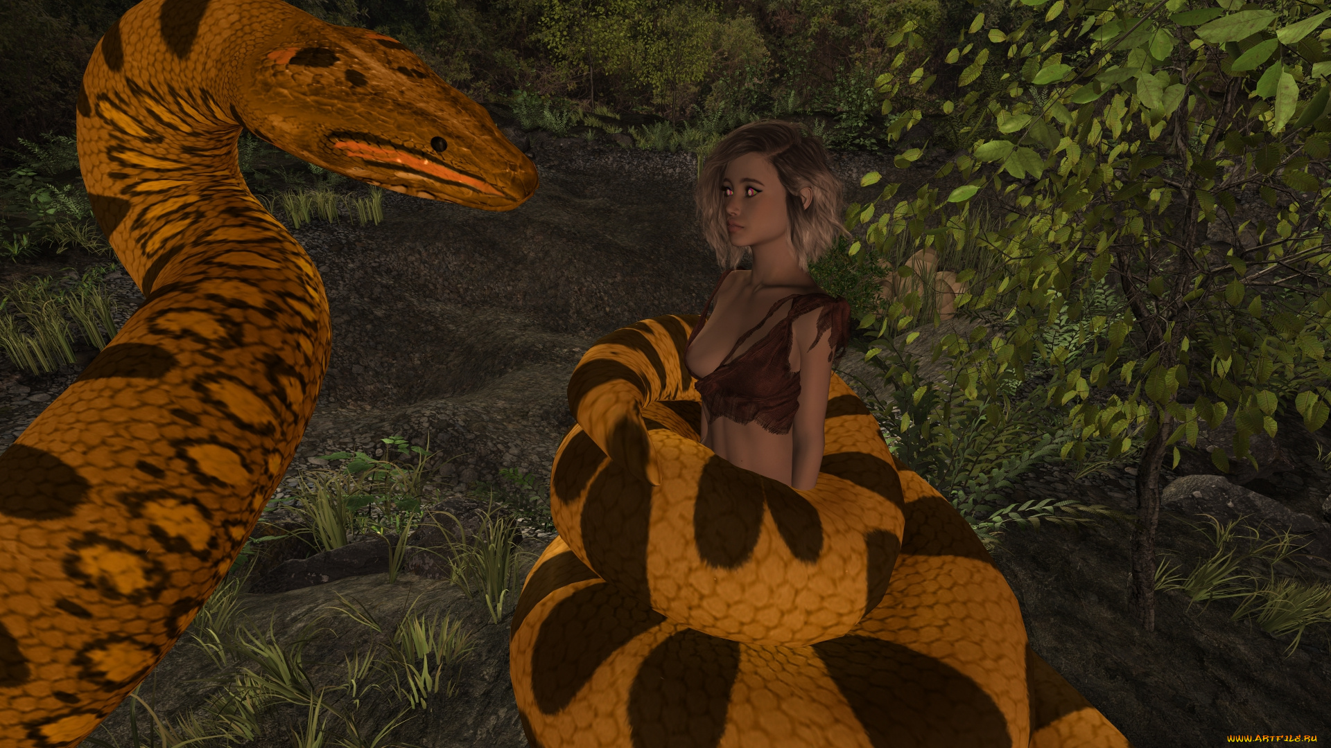 3д, графика, фантазия, , fantasy, змея, фон, взгляд, девушка