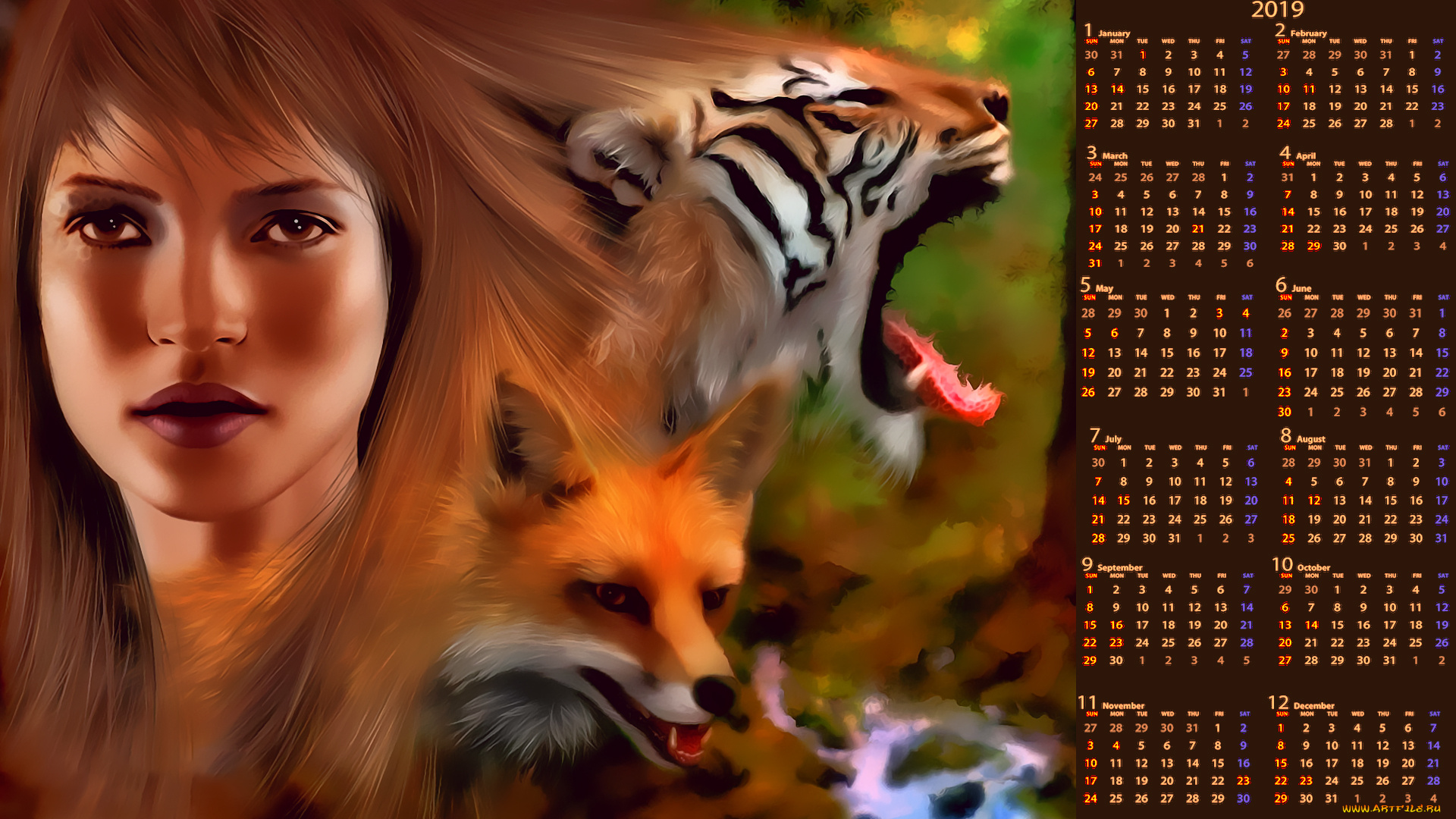 календари, рисованные, , векторная, графика, calendar, девушка, лицо, тигр, лиса, животное, морда, 2019