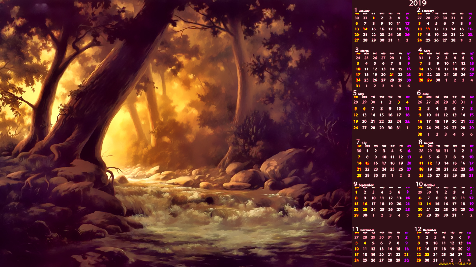 календари, рисованные, , векторная, графика, водоем, вода, дерево, природа, calendar, 2019, лес