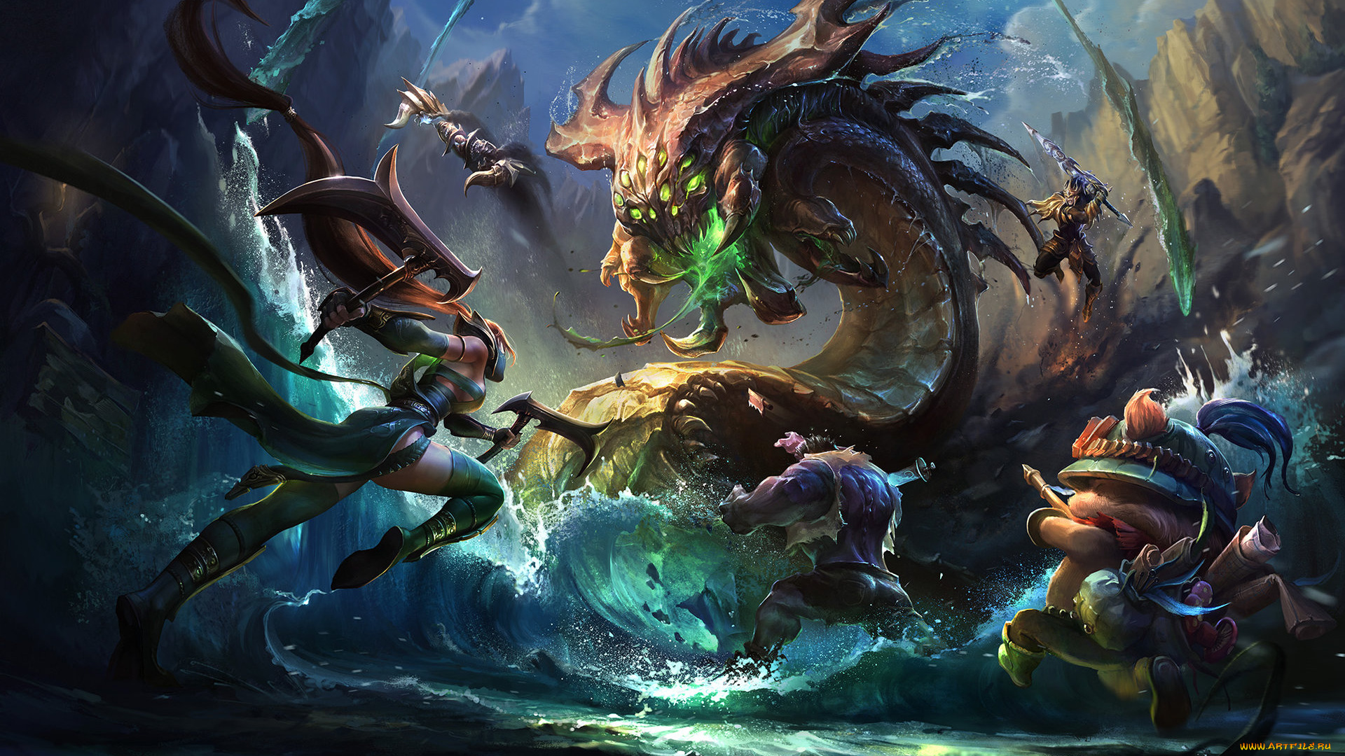 видео, игры, league, of, legends, бой, герои, скалы, вода, монстр