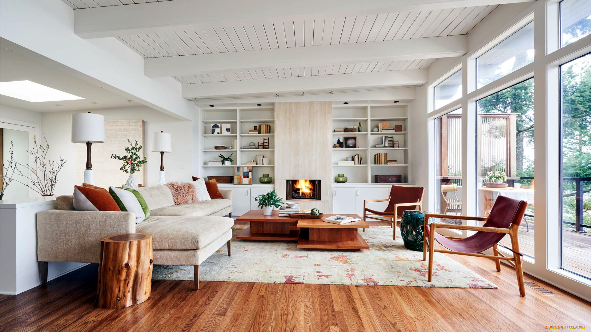 интерьер, гостиная, диван, кресла, лампы, шкаф